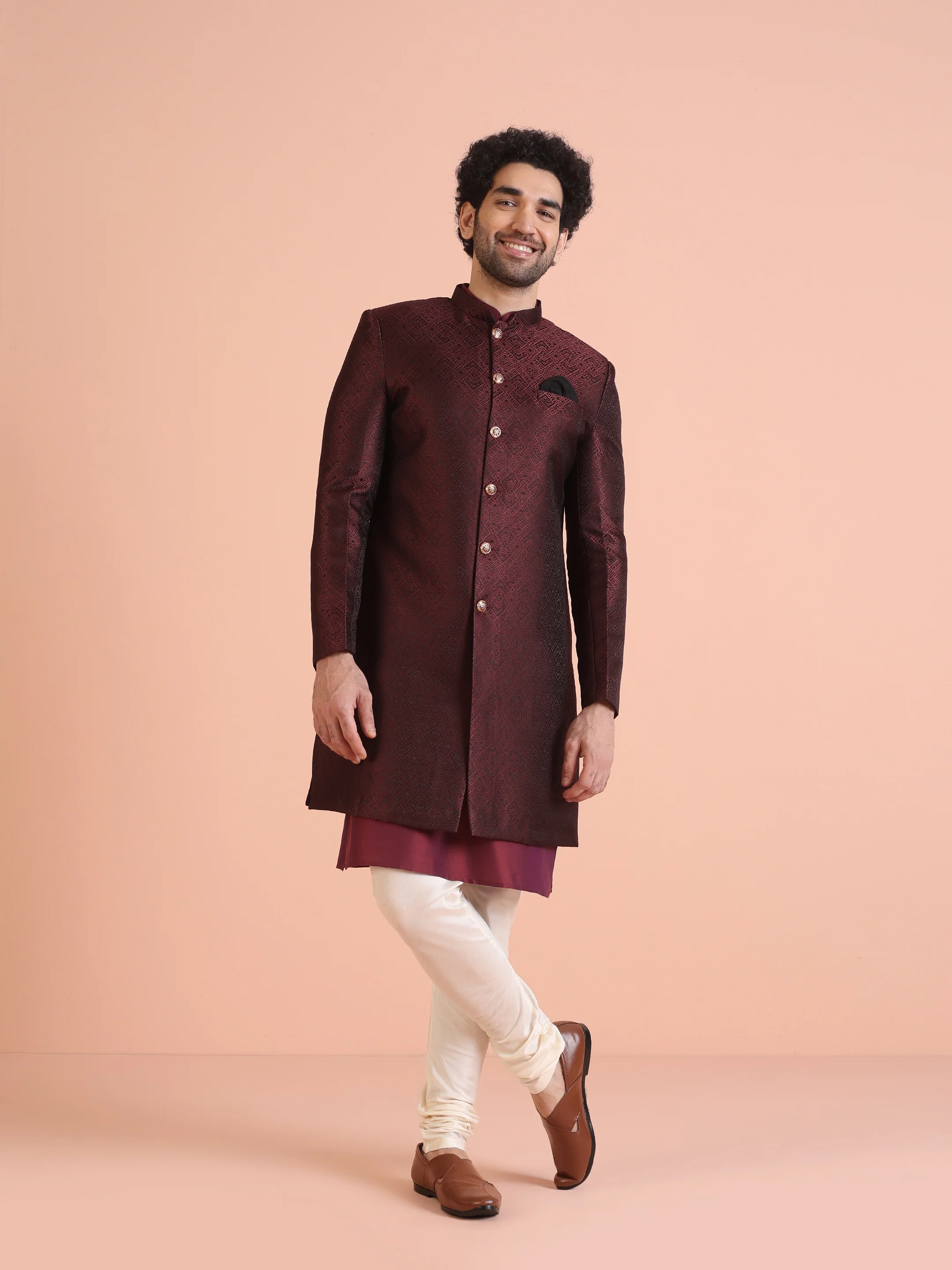 Maroon Silk Blend Indo-Western Sherwani Set with Jacquard Jacket and Cream Churidar â€“ Wedding & Reception Ensemble - Image 9