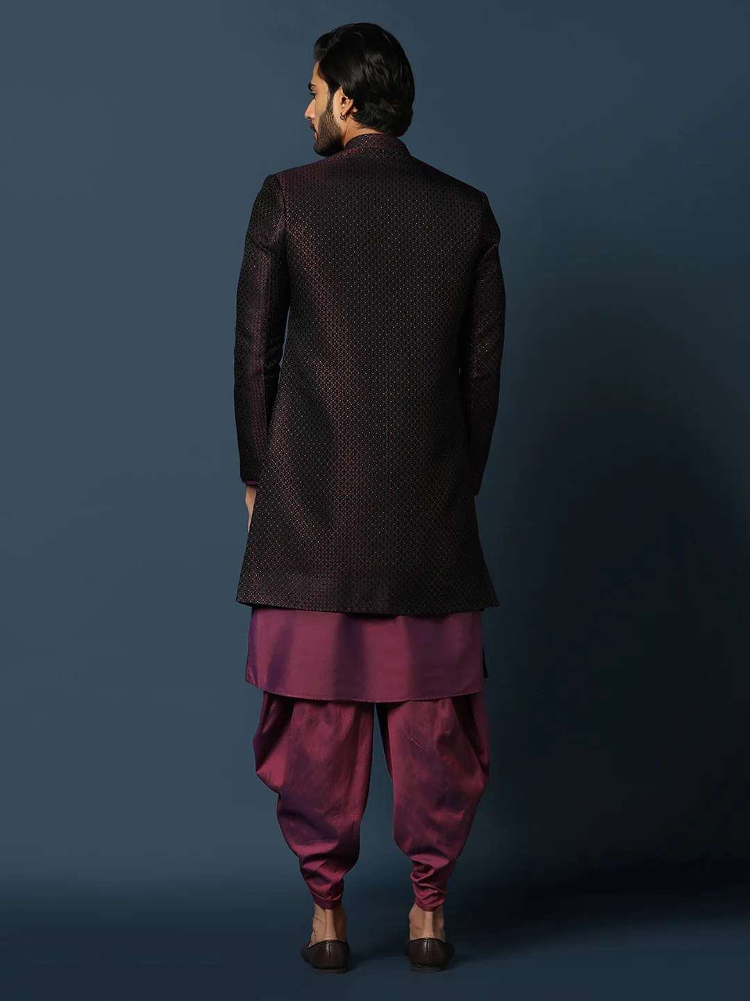 Black Jacquard Indo-Western Sherwani Set with Maroon Silk Blend Kurta and Dhoti Pants â€“ Wedding & Reception Ensemble - Image 3