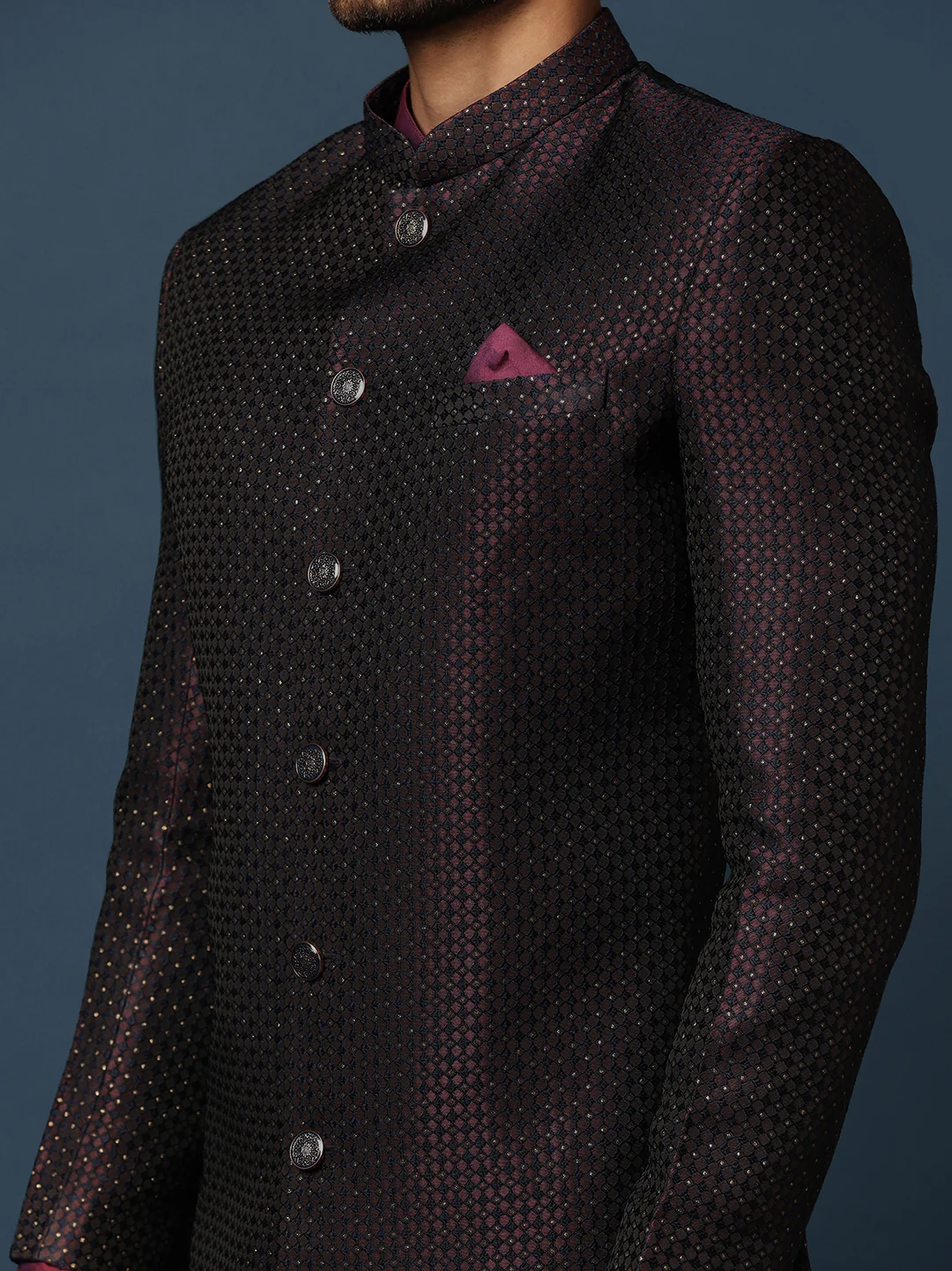 Black Jacquard Indo-Western Sherwani Set with Maroon Silk Blend Kurta and Dhoti Pants â€“ Wedding & Reception Ensemble - Image 4