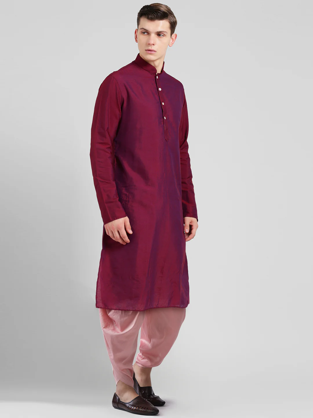 Maroon Cotton Silk Kurta Dhoti Set - Image 2