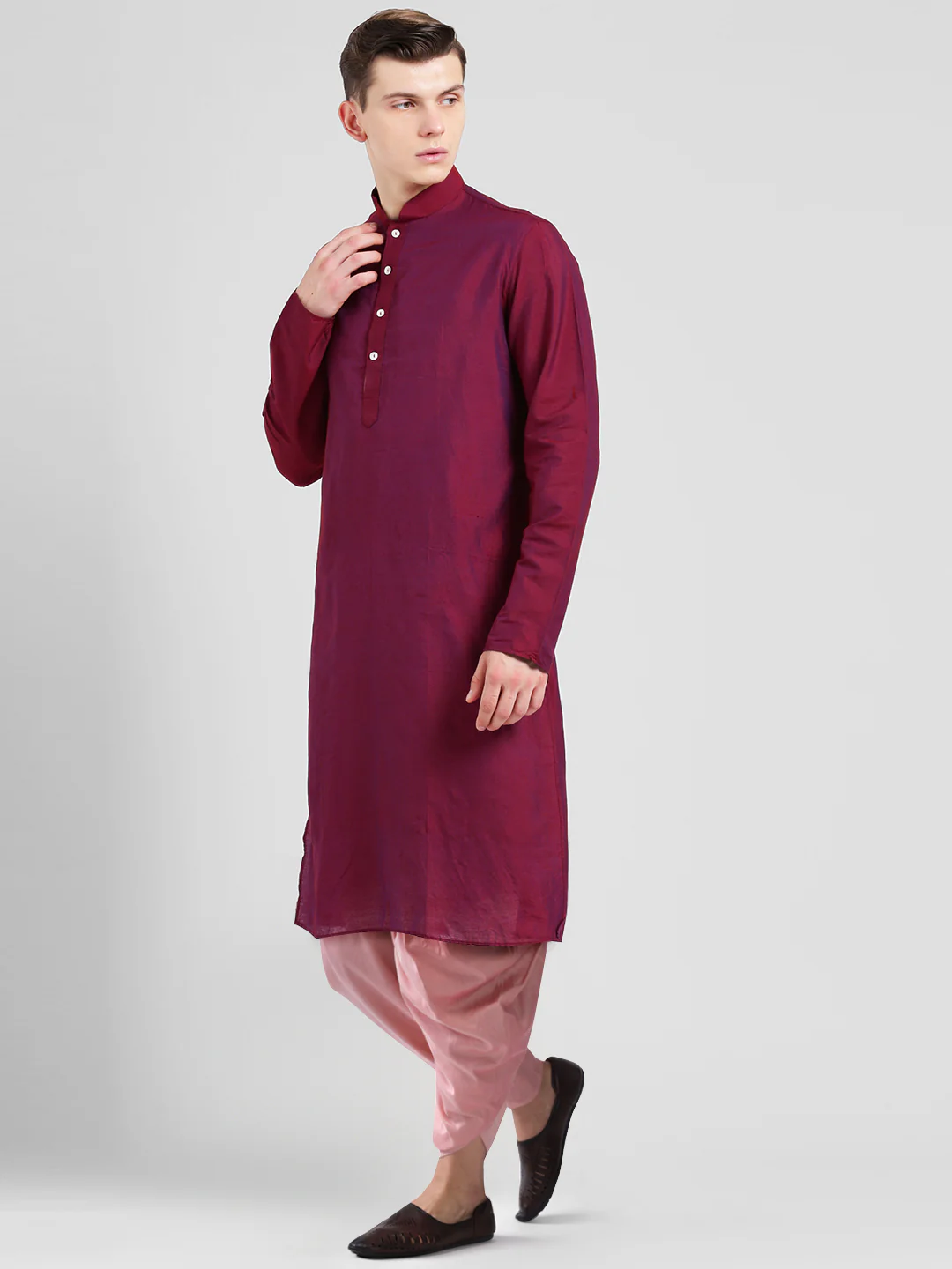 Maroon Cotton Silk Kurta Dhoti Set - Image 3