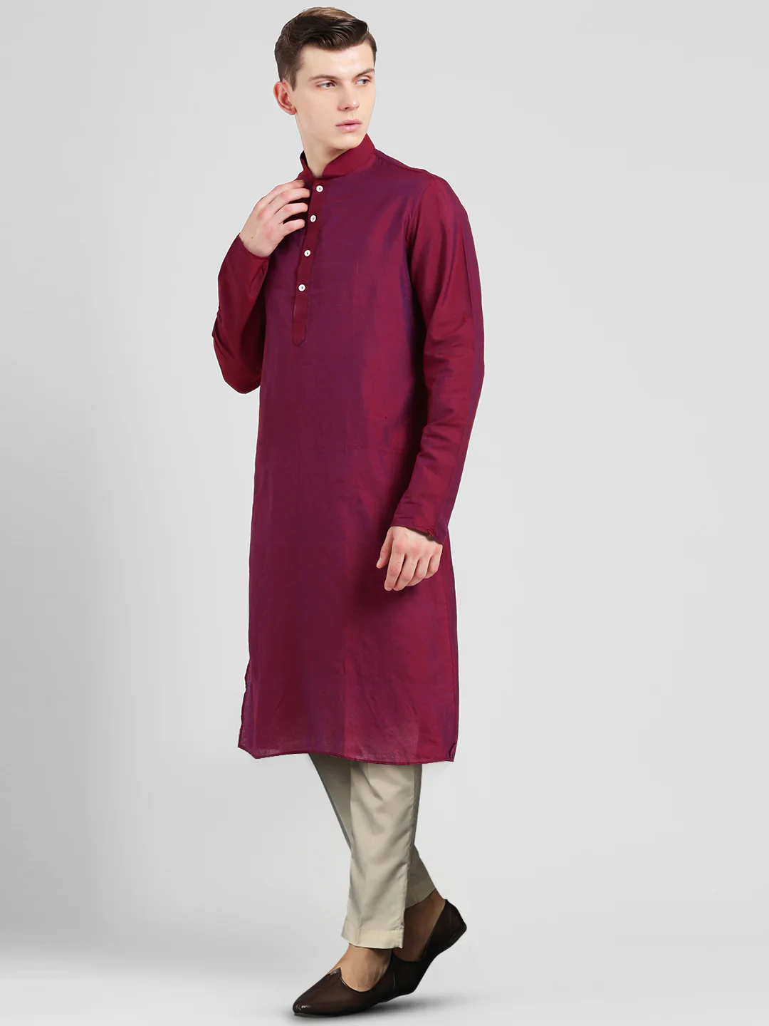Magenta Cotton Silk Solid Kurta Trouser Set - Image 3