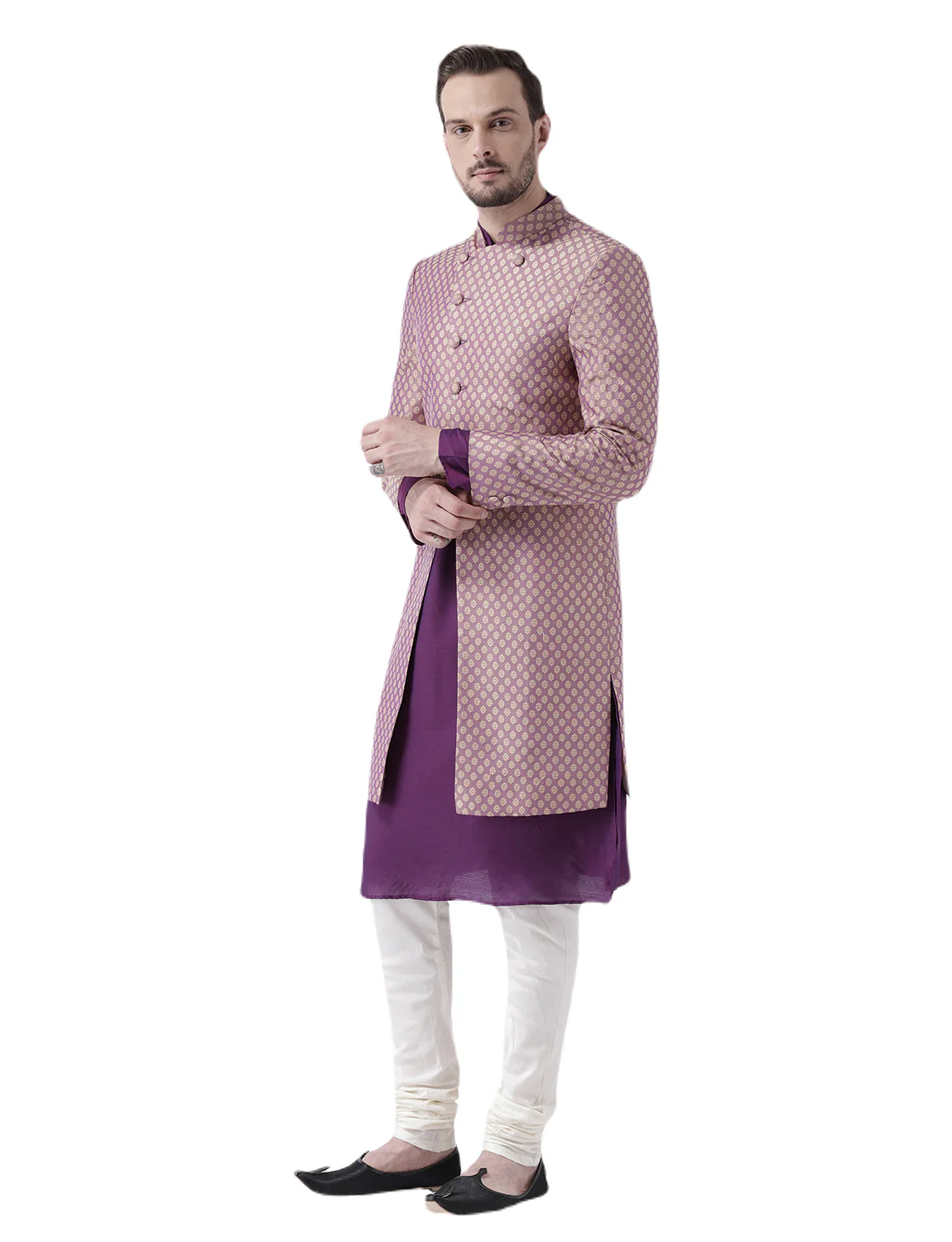 Men's Purple Indowestern Set With Kurta and Churidar - Image 3