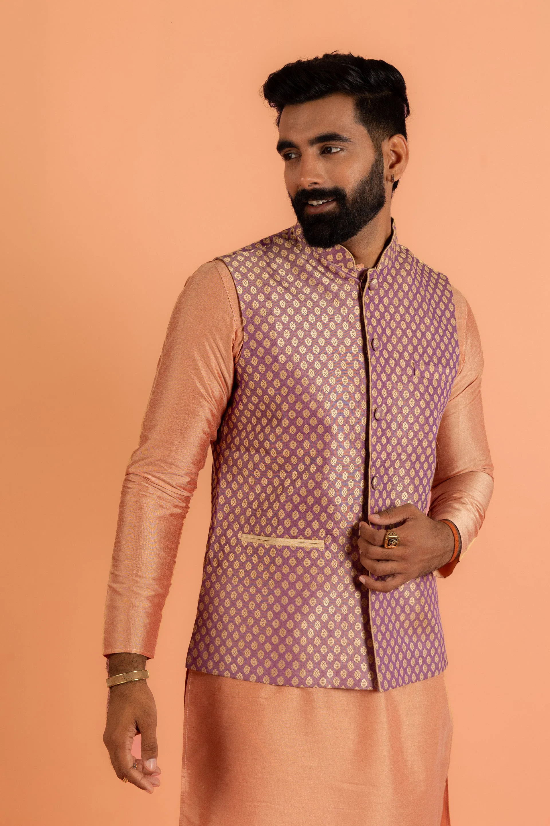 Men Mauve Textured Kurta Jacket Churidar Set - Image 17