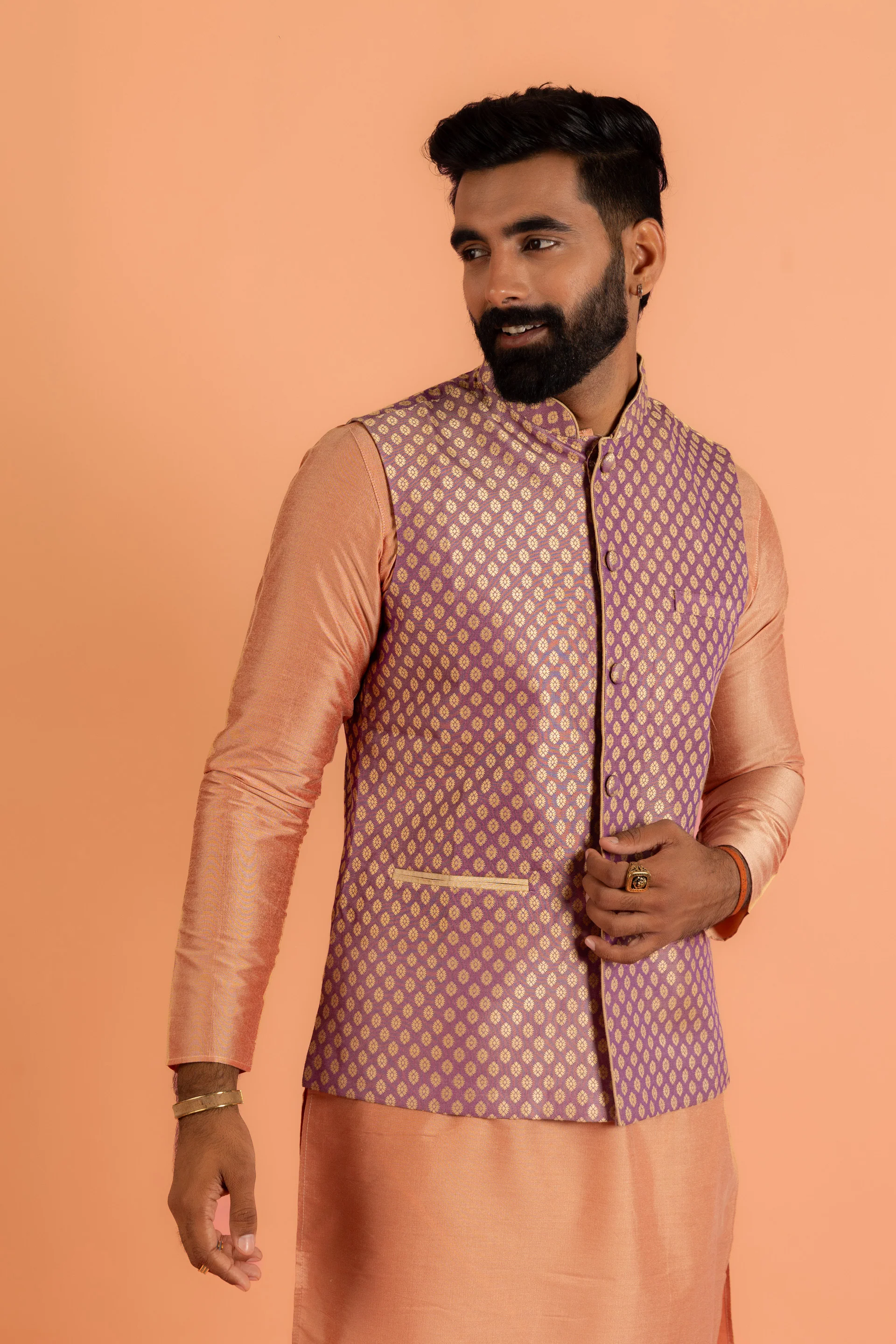 Men Mauve Textured Kurta Jacket Churidar Set - Image 8