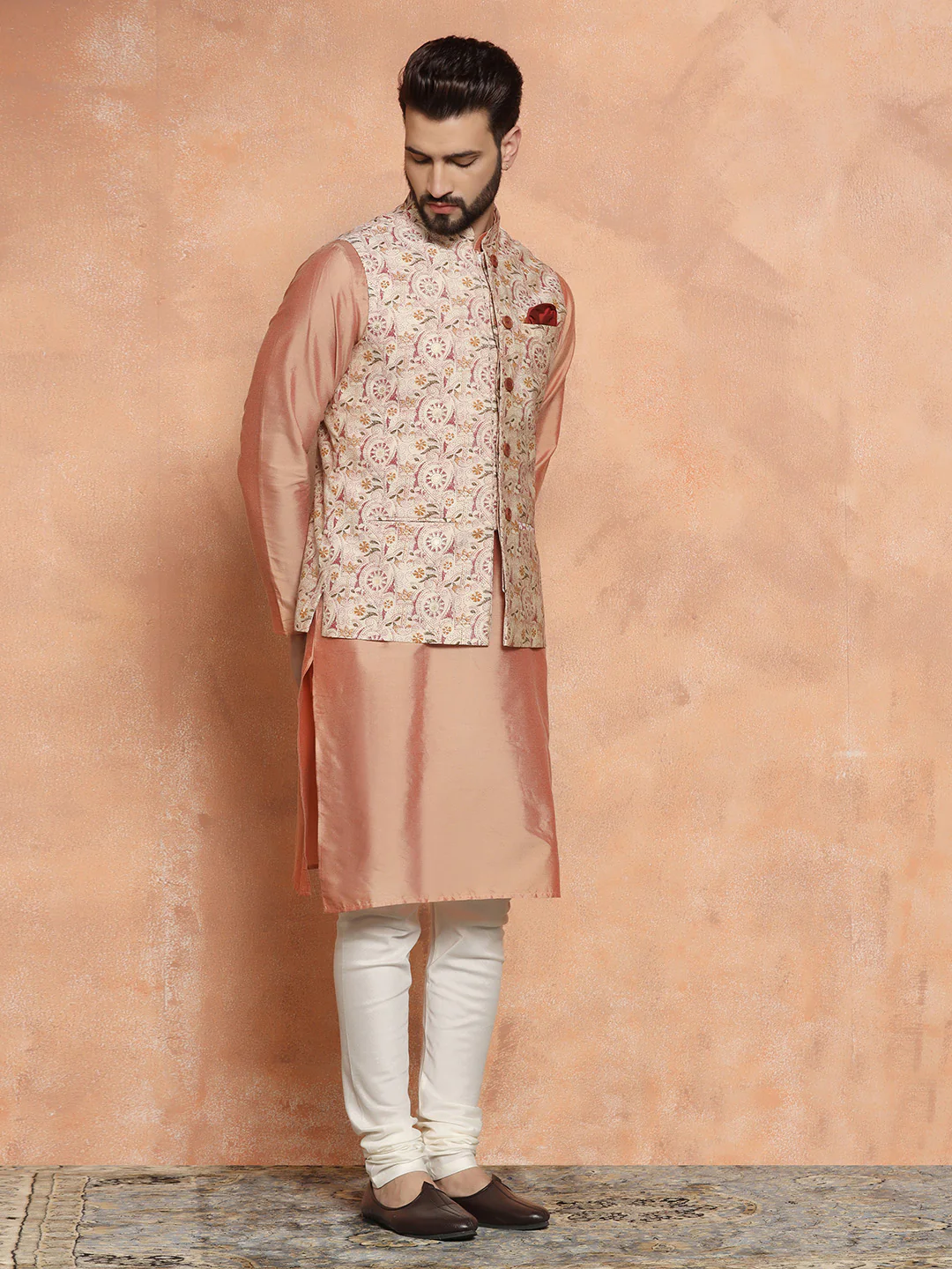 Pink Silk Blend Embroidered Jacket Set with Kurta & Churidar - Image 3