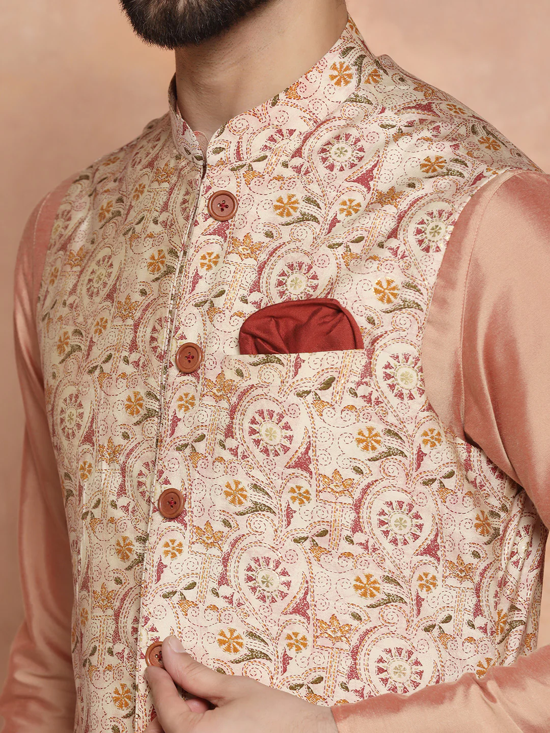Pink Silk Blend Embroidered Jacket Set with Kurta & Churidar - Image 5