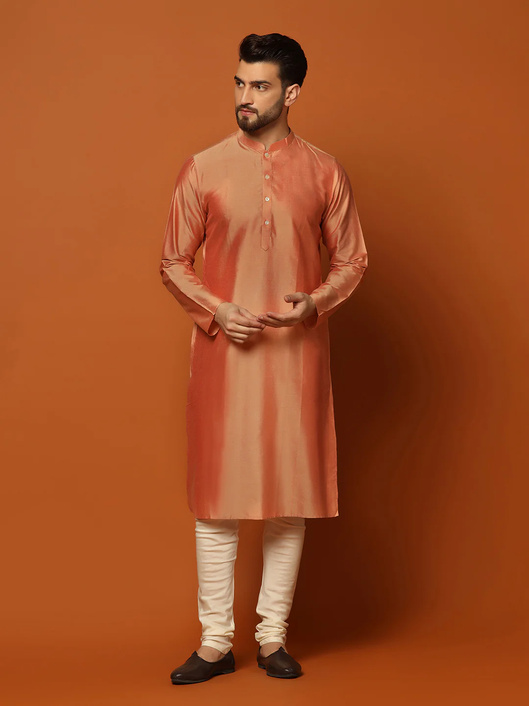 Peach Silk Blend Textured Nehru Jacket Kurta Churidar - Image 5