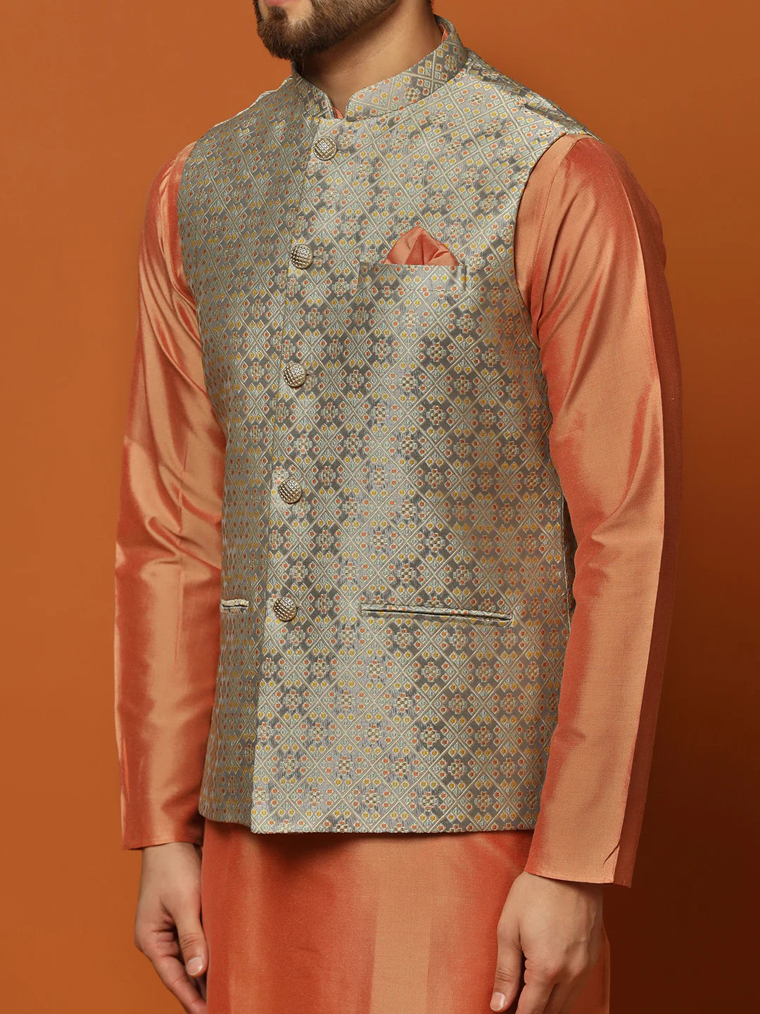 Peach Silk Blend Textured Nehru Jacket Kurta Churidar - Image 6