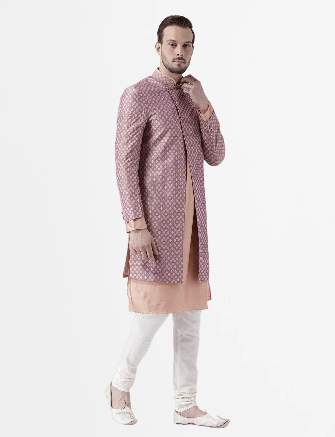 Men's Peach Indowestern Set With Kurta and Churidar - Image 2