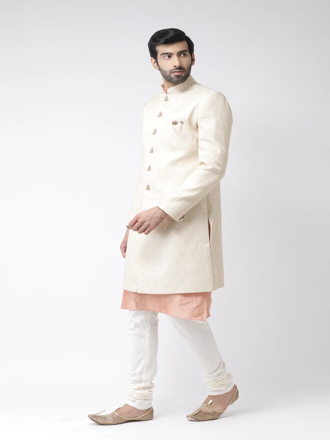 Men Beige Textured Kurta Indowestern Churidar Set - Image 2