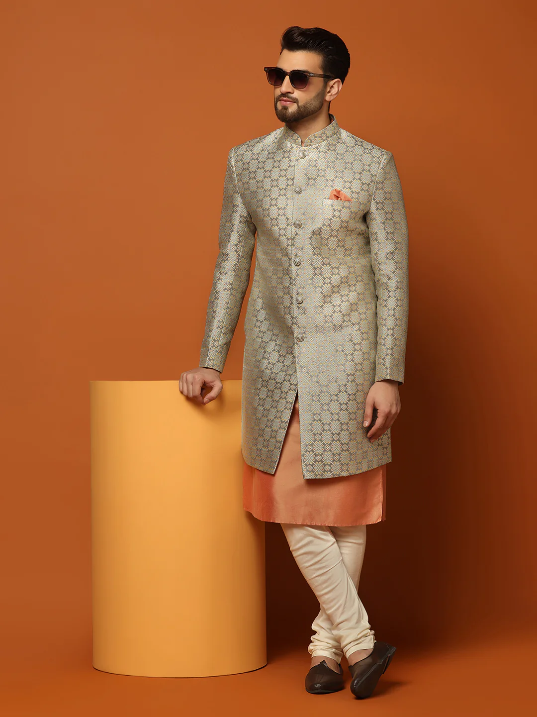 Men's Grey Indowestern Set With Kurta and Churidar - Image 8
