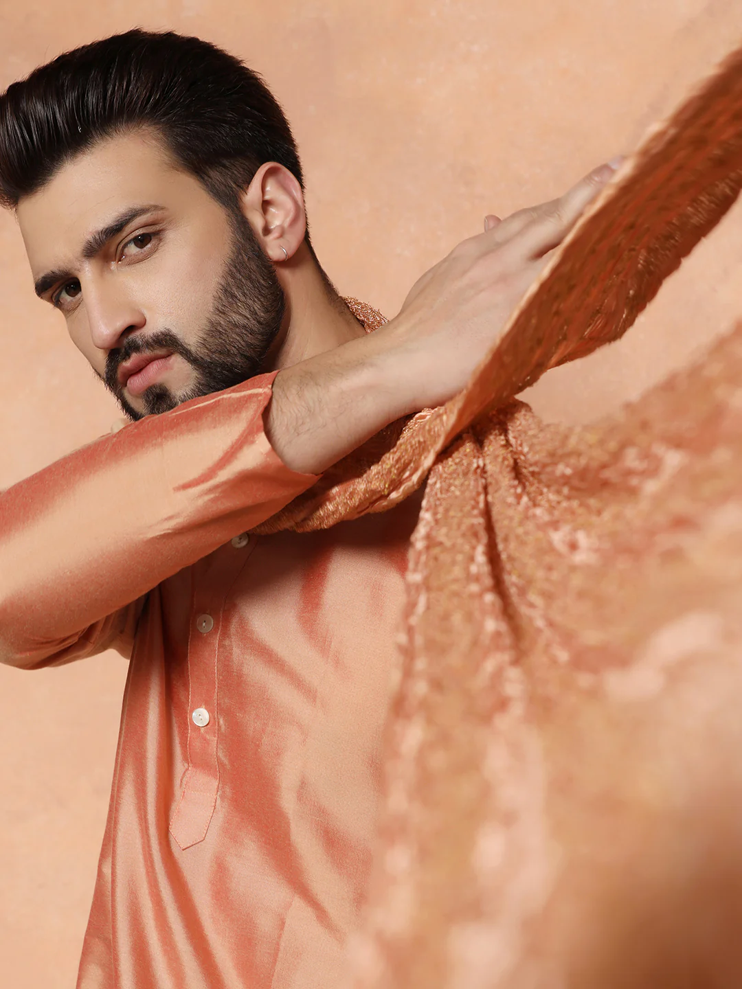 Peach Silk Blend Kurta Churidar with Embellished Dupatta - Image 3