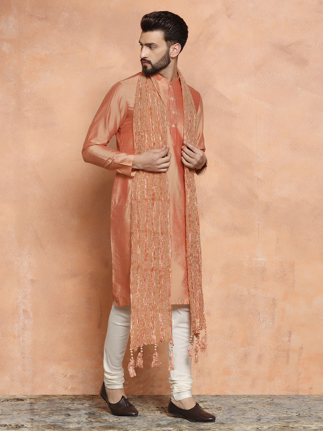 Peach Silk Blend Kurta Churidar with Embellished Dupatta - Image 4