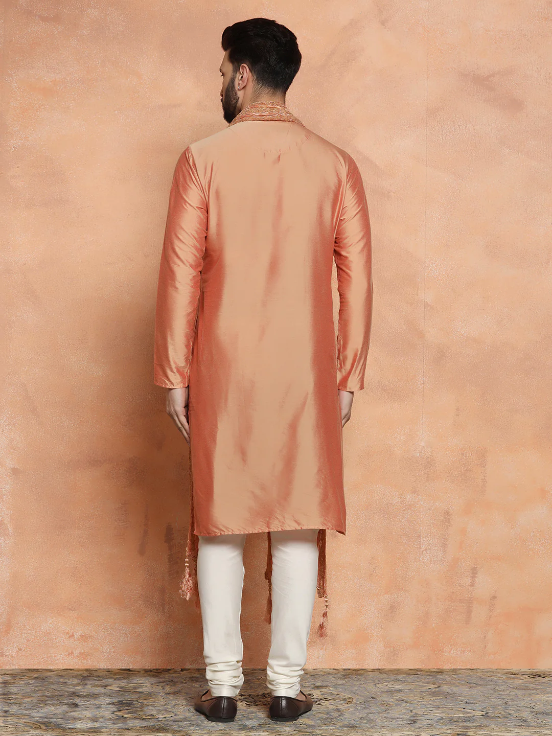 Peach Silk Blend Kurta Churidar with Embellished Dupatta - Image 5