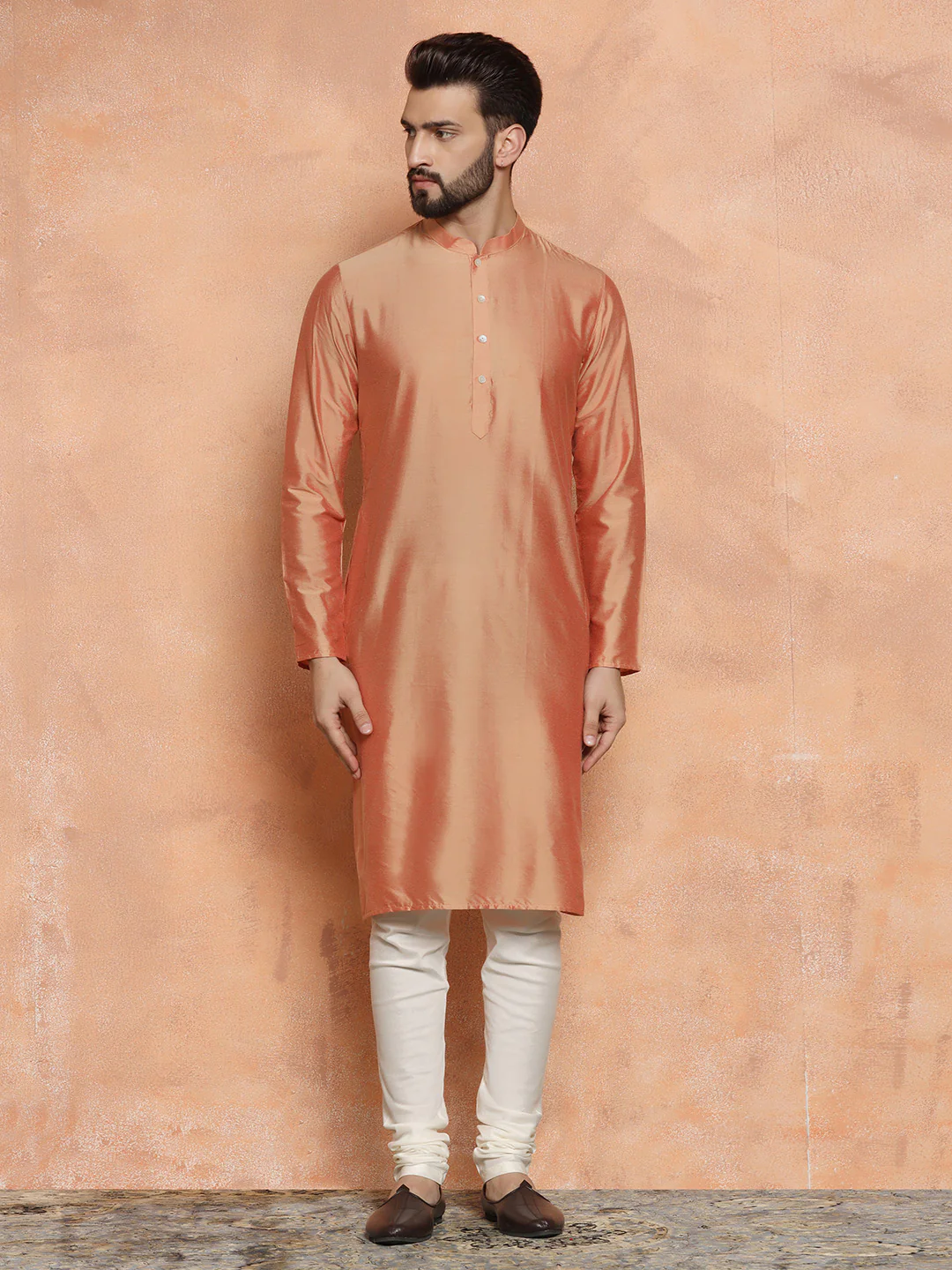 Peach Silk Blend Kurta Churidar with Embellished Dupatta - Image 6