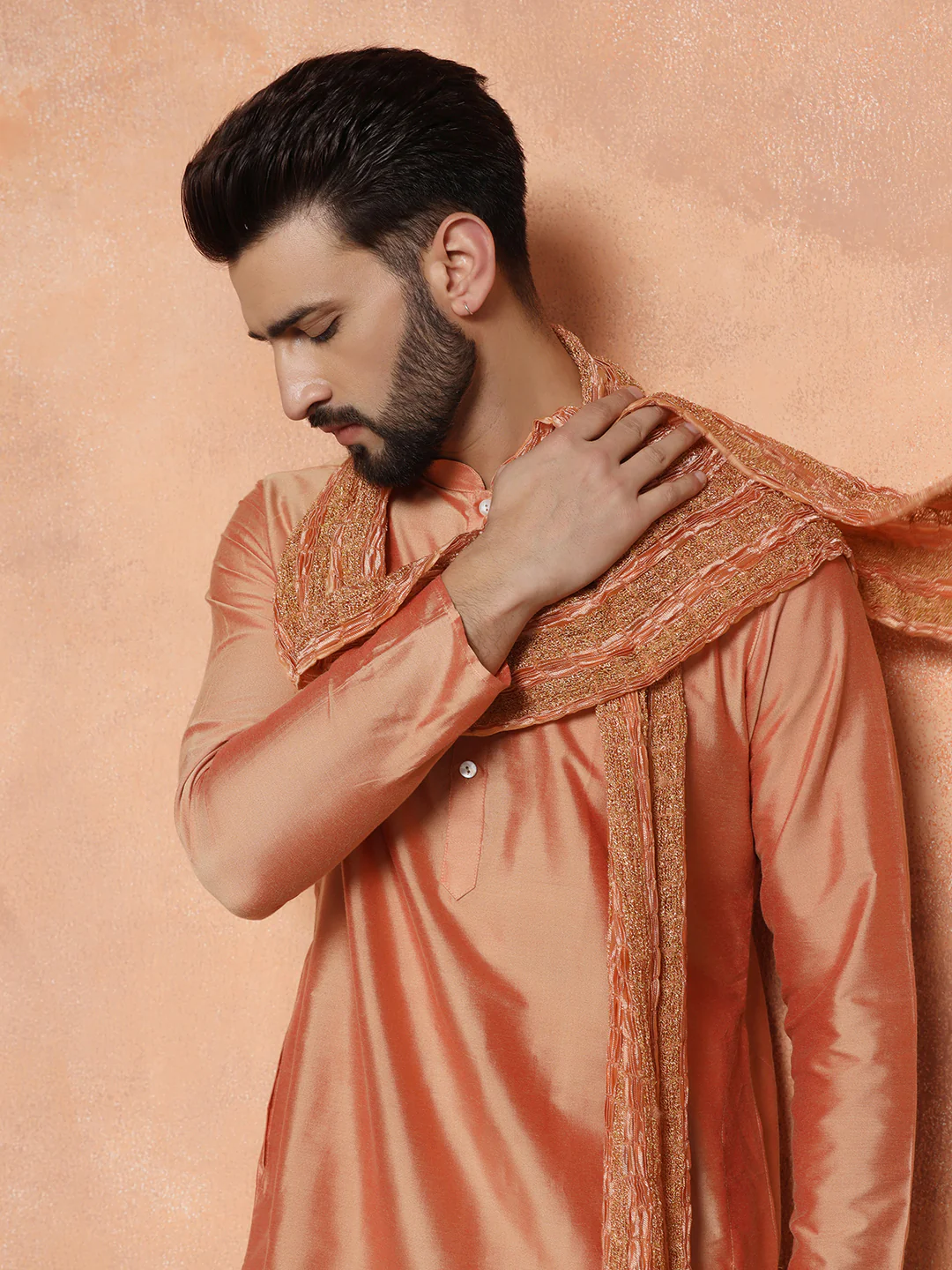 Peach Silk Blend Kurta Churidar with Embellished Dupatta - Image 8