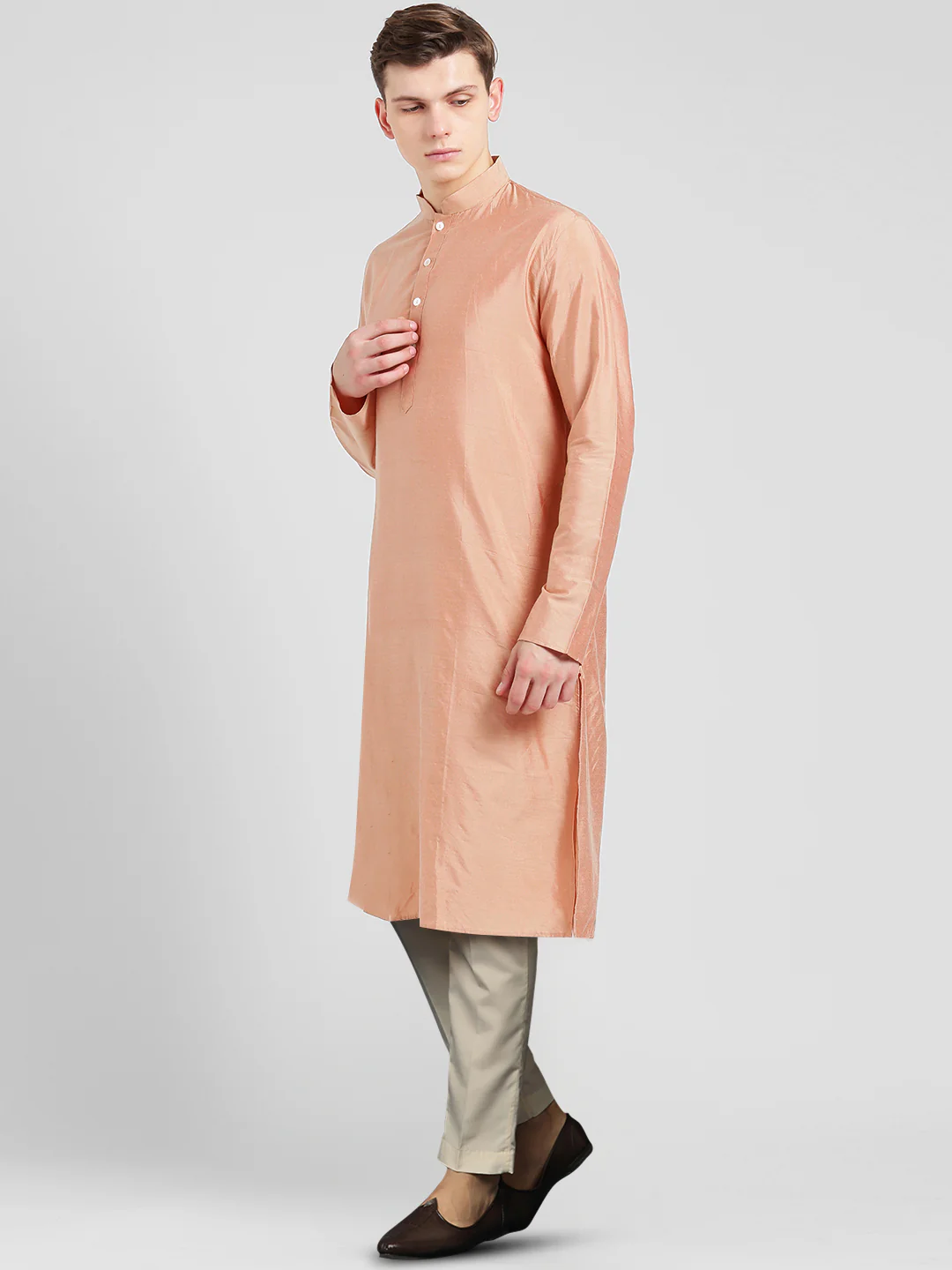 Peach Silk Blend Kurta Set with Subtle Sheen and Beige Trousers â€“ Festive & Wedding Ensemble - Image 3