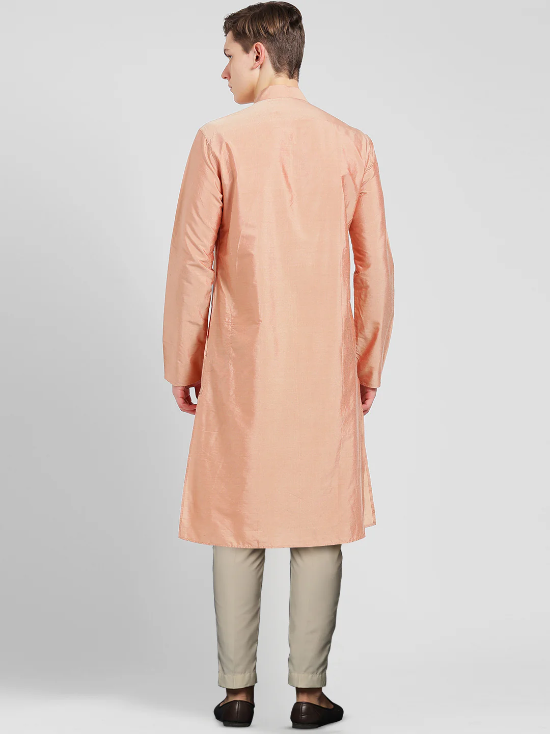 Peach Silk Blend Kurta Set with Subtle Sheen and Beige Trousers â€“ Festive & Wedding Ensemble - Image 4