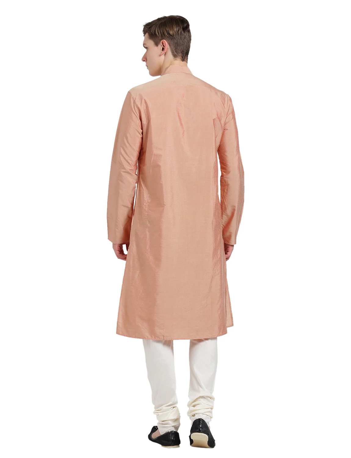 Peach Silk Blend Long Kurta - Solid Festive Wear with Mandarin Collar for Weddings & Celebrations - Image 5