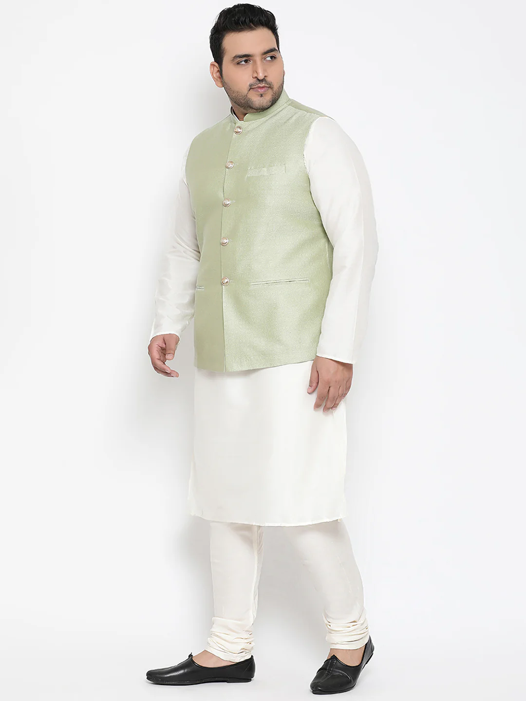 Men's Green Kurta Churidar Jacket Set - Image 2