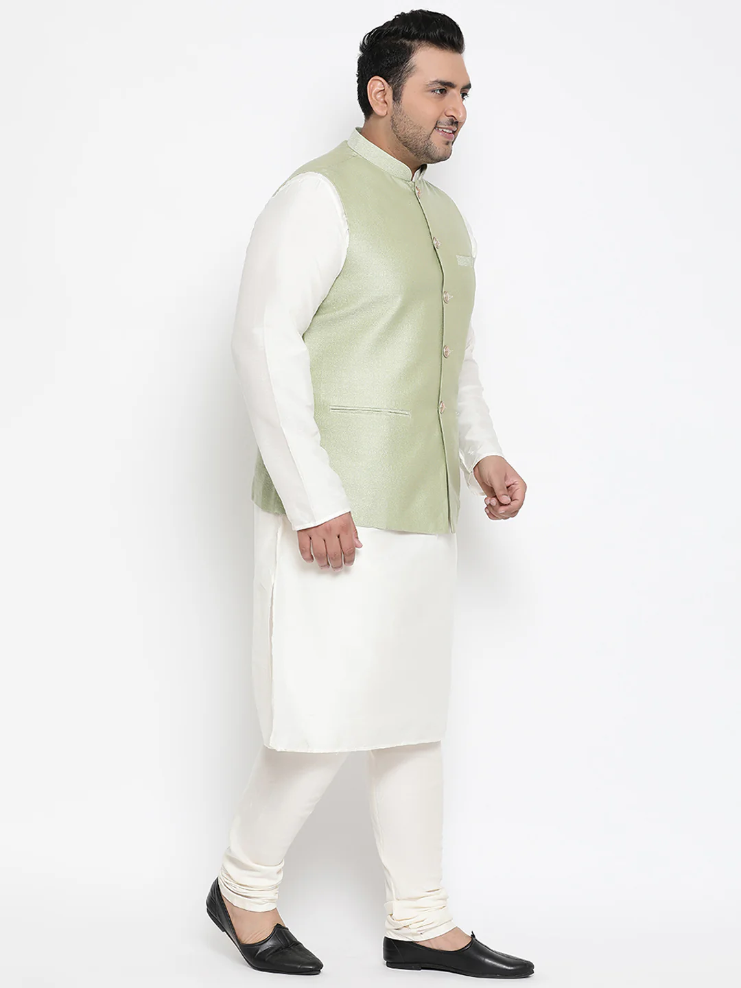 Men's Green Kurta Churidar Jacket Set - Image 7