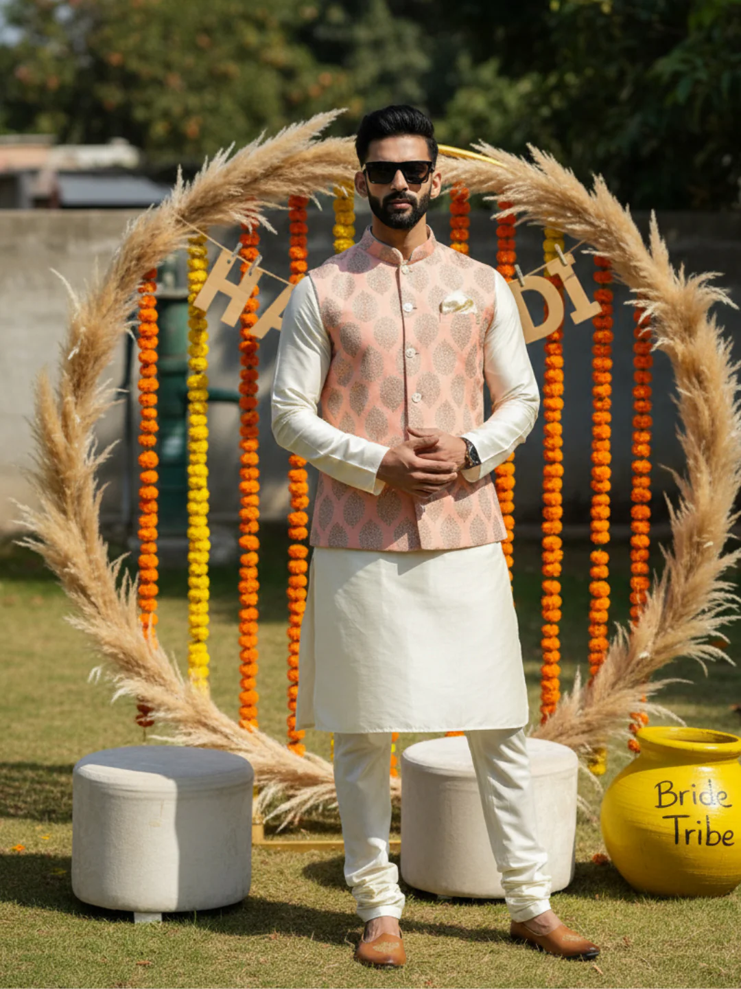 Pink Nehru Jacket Set â€“ Woven Ethnic Motifs Kurta with Cream Churidar â€“ Festive & Wedding Wear - Image 2