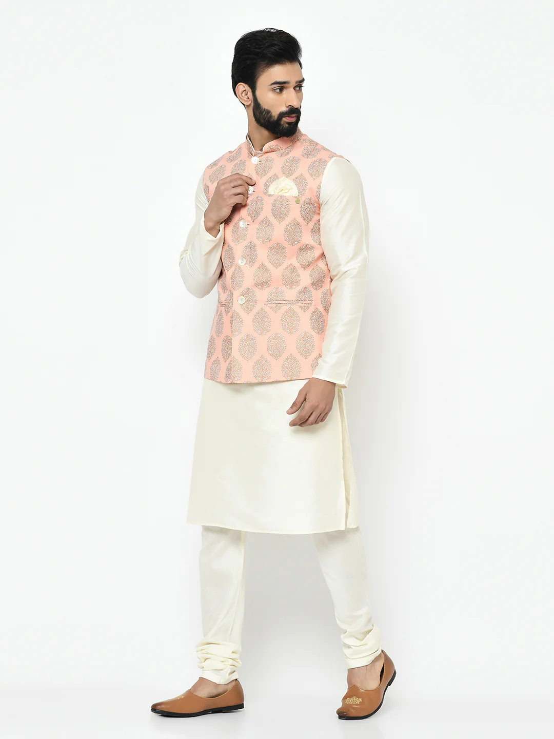 Pink Nehru Jacket Set â€“ Woven Ethnic Motifs Kurta with Cream Churidar â€“ Festive & Wedding Wear - Image 3
