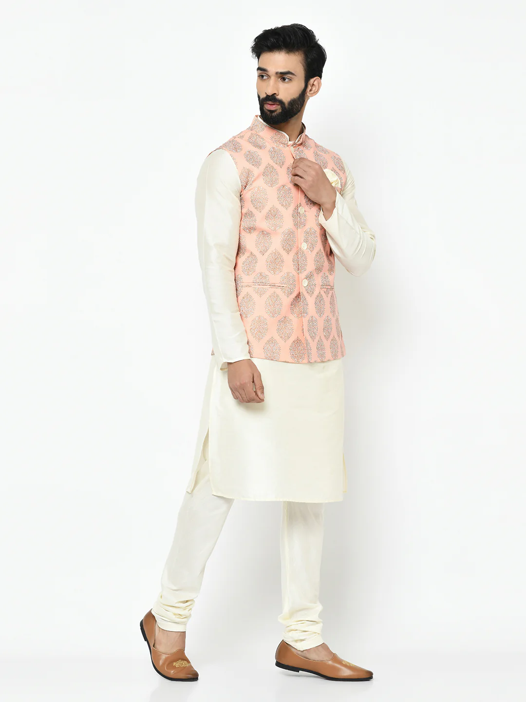 Pink Nehru Jacket Set â€“ Woven Ethnic Motifs Kurta with Cream Churidar â€“ Festive & Wedding Wear - Image 4