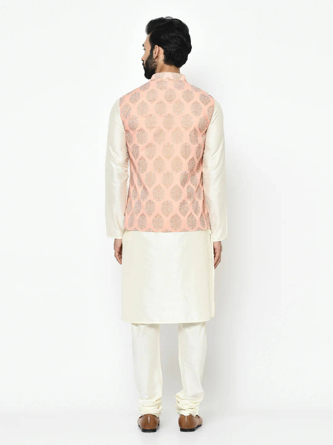 Pink Nehru Jacket Set â€“ Woven Ethnic Motifs Kurta with Cream Churidar â€“ Festive & Wedding Wear - Image 5
