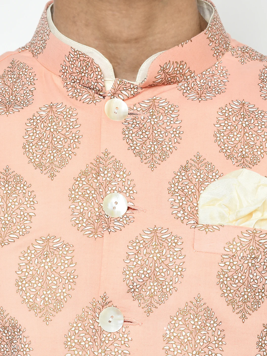 Pink Nehru Jacket Set â€“ Woven Ethnic Motifs Kurta with Cream Churidar â€“ Festive & Wedding Wear - Image 6