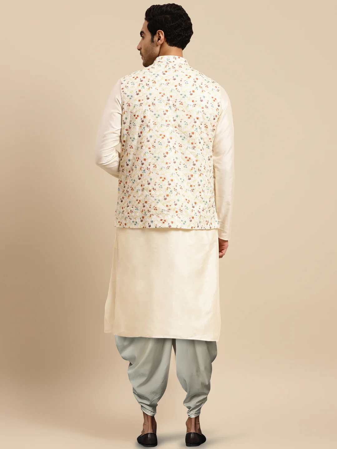Men's White Kurta Jacket Dhoti Set - Image 2