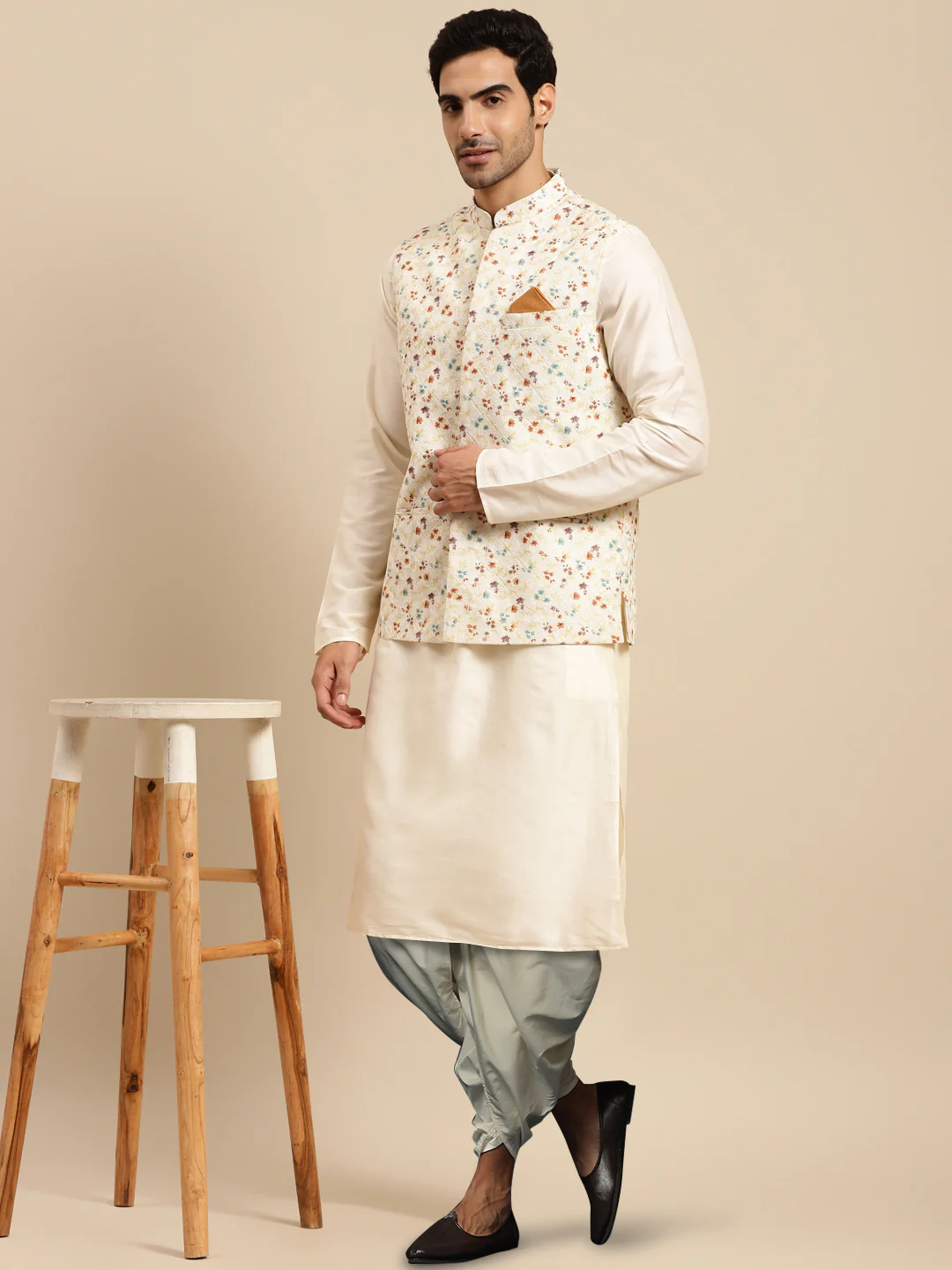 Men's White Kurta Jacket Dhoti Set - Image 7