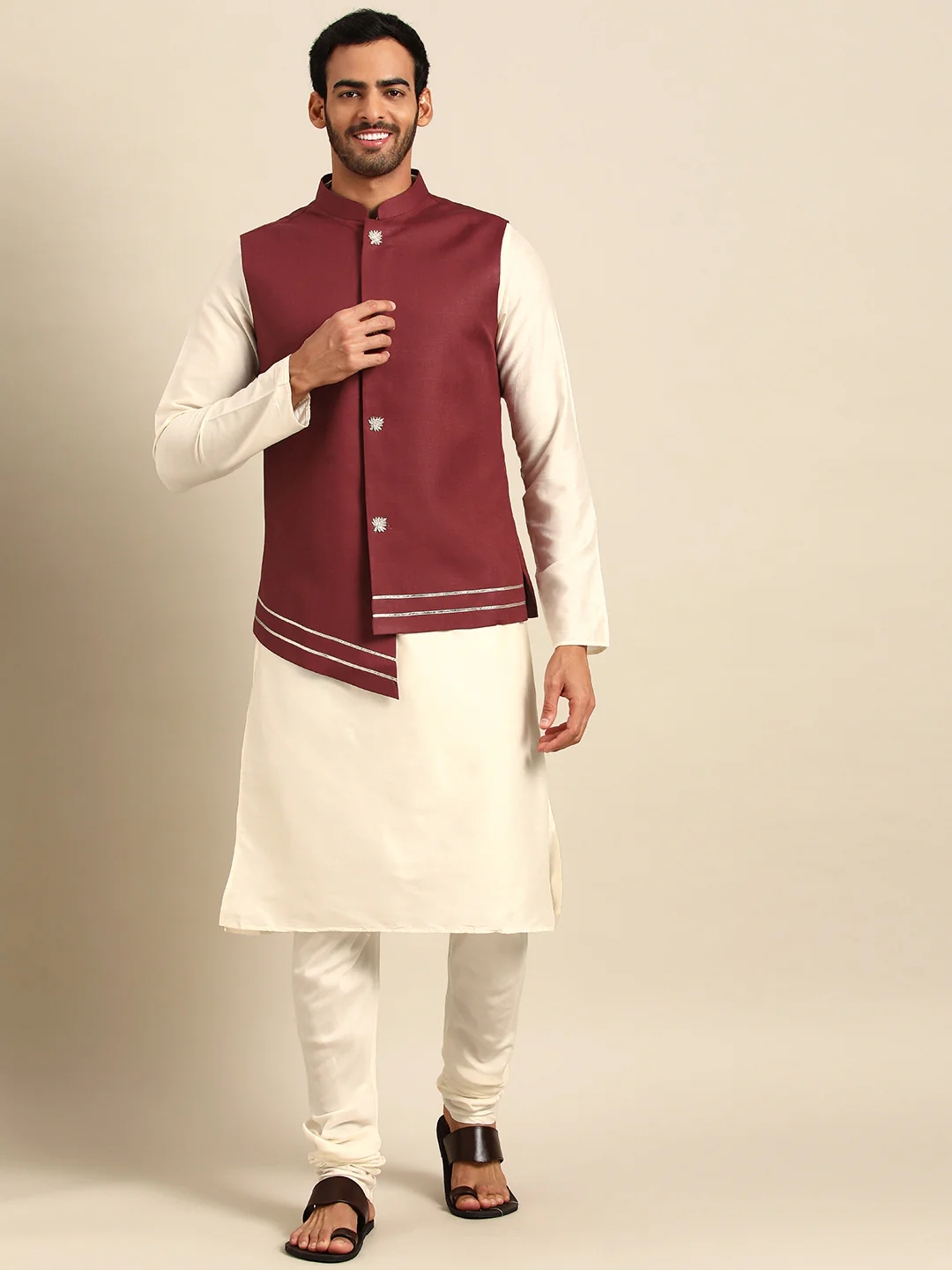 Kisah men Maroon kurta jacket set - Image 7