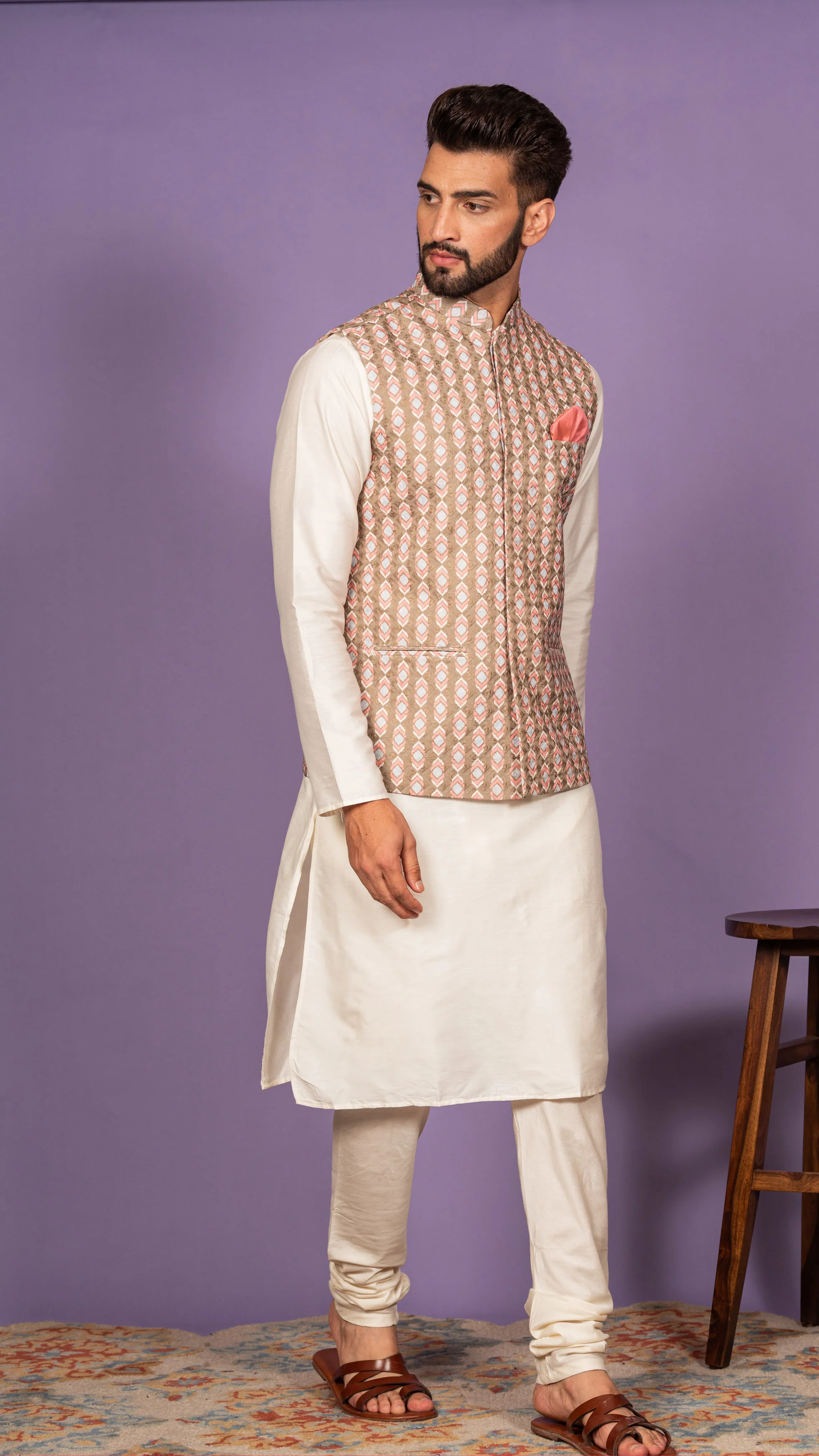 Men Olive Kurta Jacket Set - Image 2