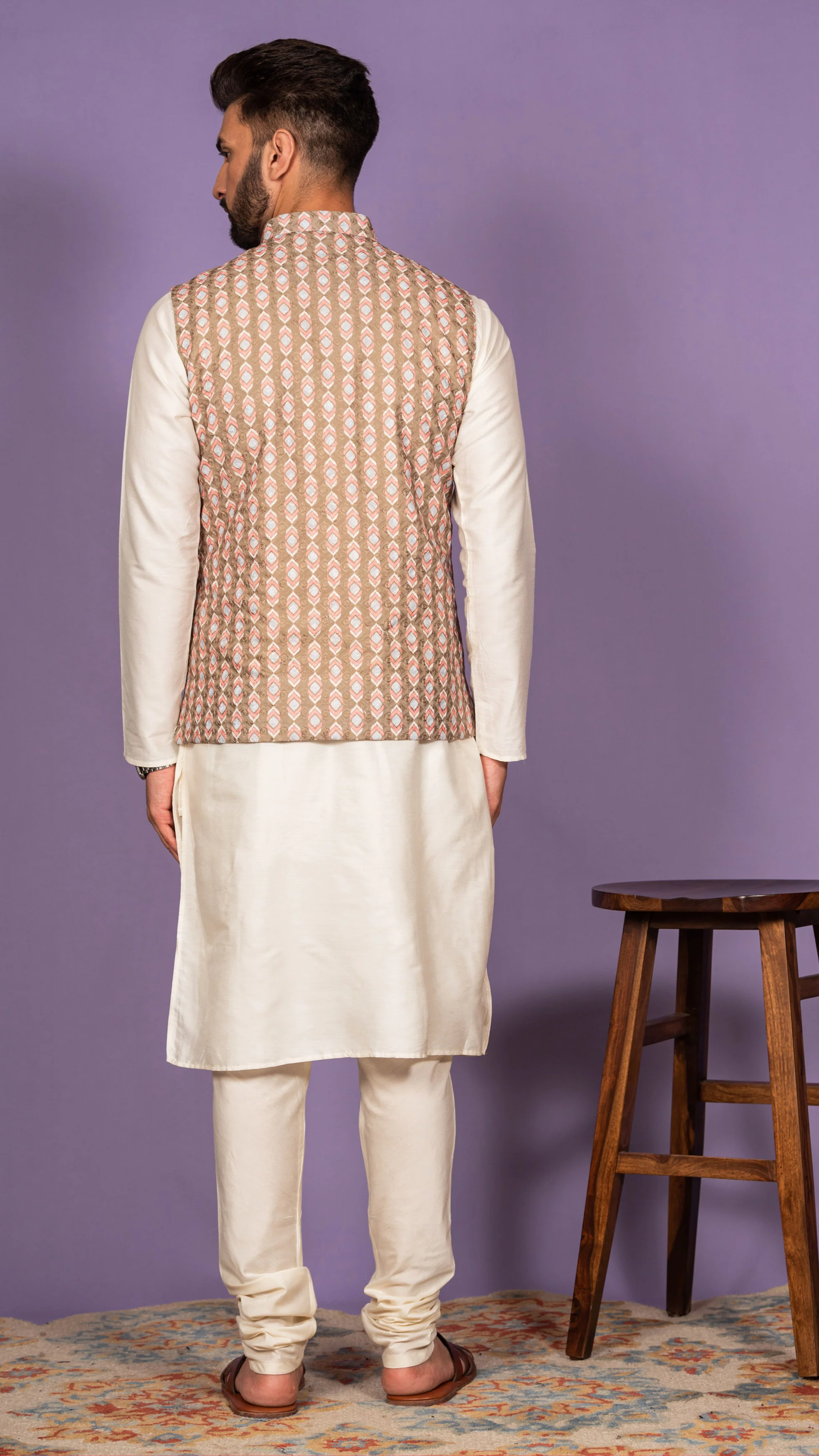 Men Olive Kurta Jacket Set - Image 3