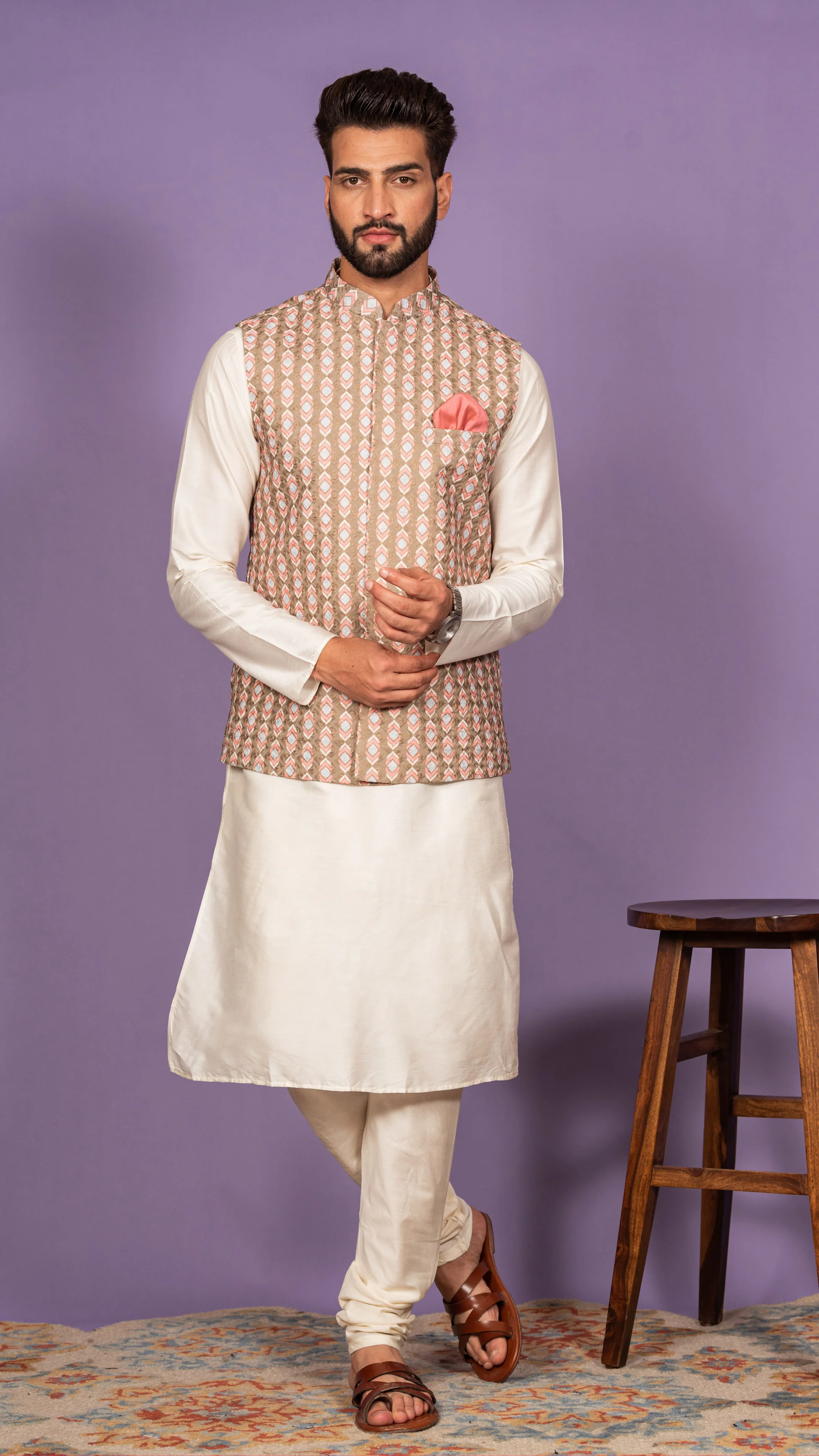 Men Olive Kurta Jacket Set - Image 5