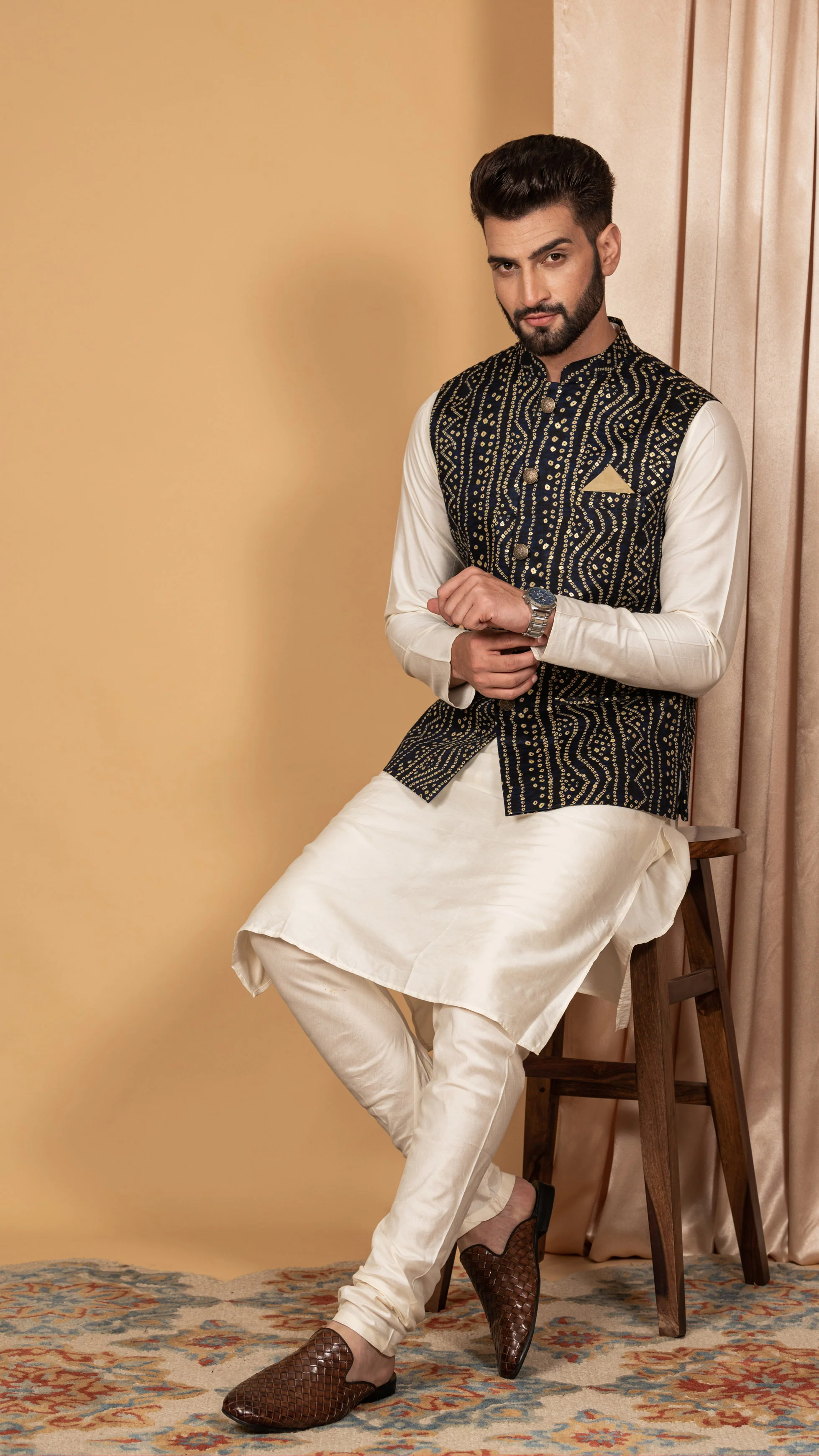 Men Navy Blue Kurta Jacket Set - Image 4
