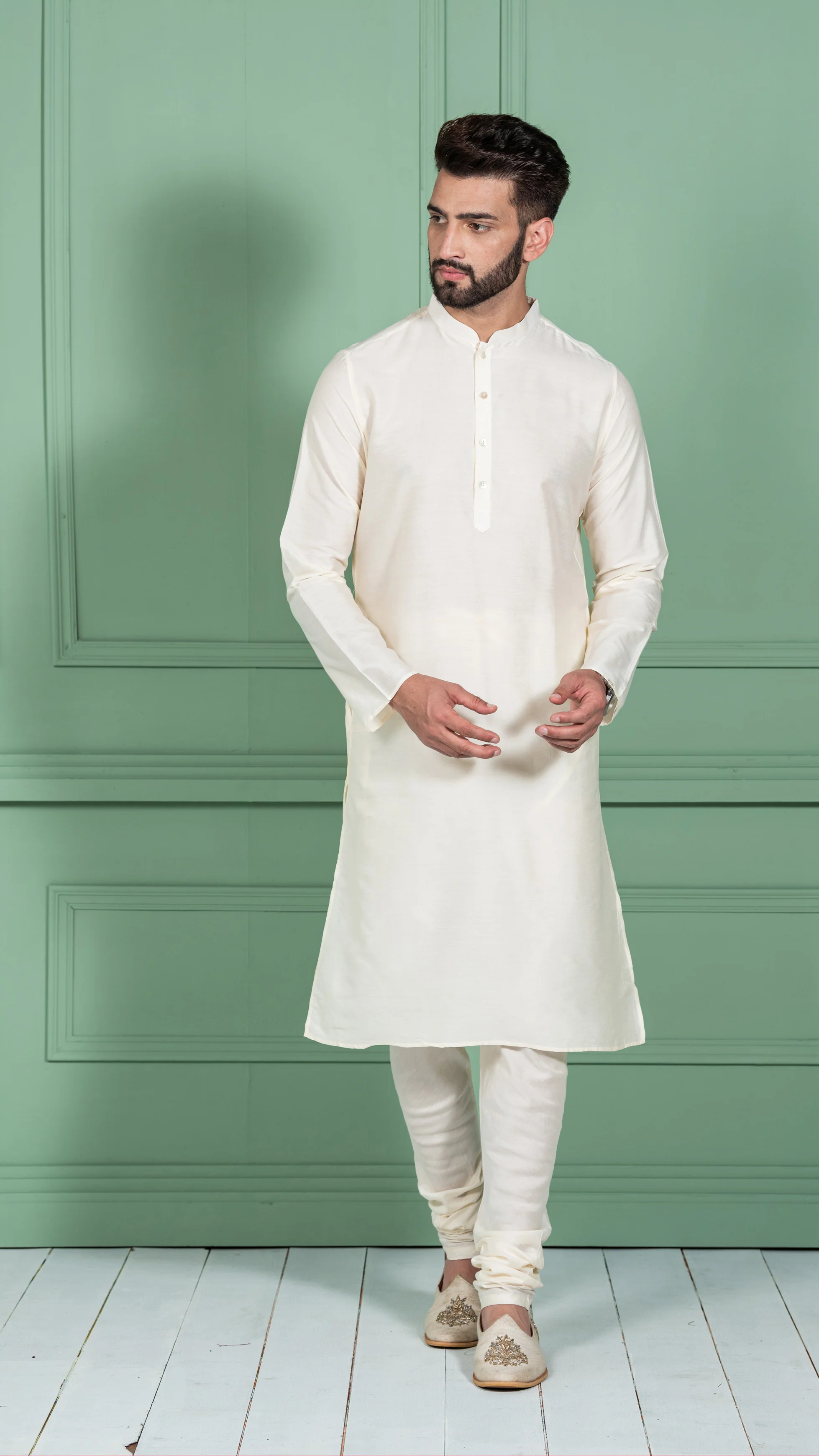 Men Green Kurta Jacket Set - Image 4