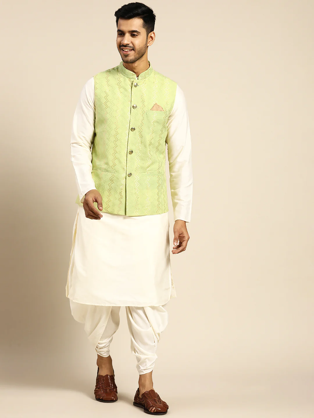 Men Green Color Kurta Jacket Set - Image 7