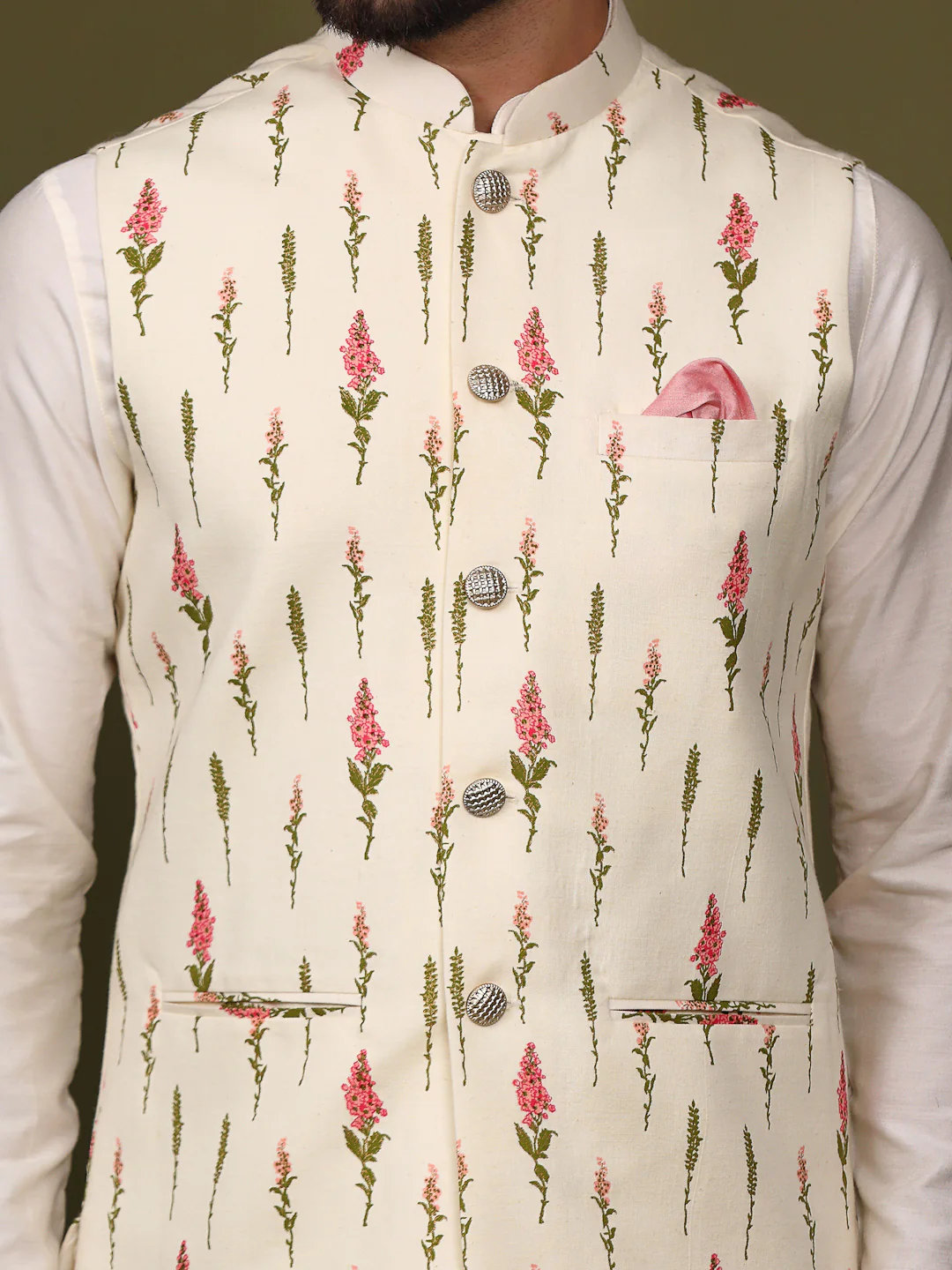 Cream Floral Printed Nehru Jacket Kurta Churidar - Image 3