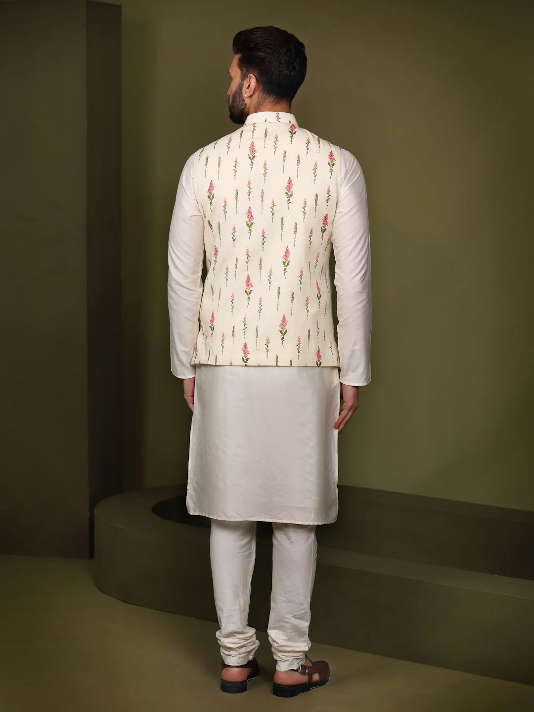 Cream Floral Printed Nehru Jacket Kurta Churidar - Image 4