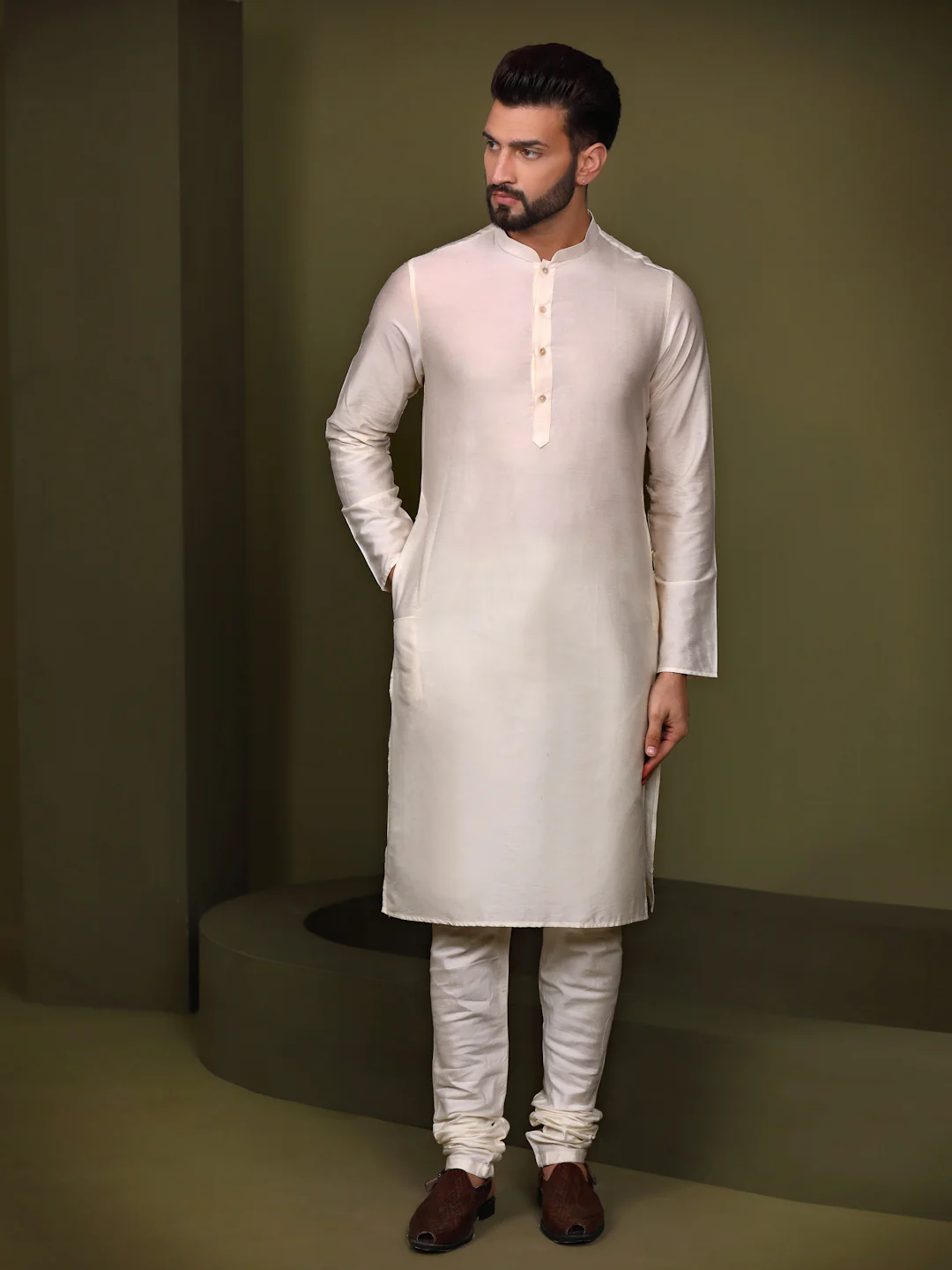 Cream Floral Printed Nehru Jacket Kurta Churidar - Image 5
