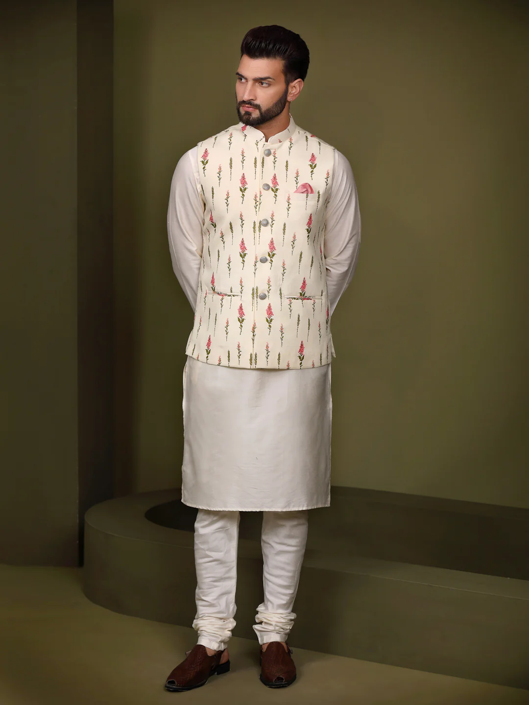 Cream Floral Printed Nehru Jacket Kurta Churidar - Image 7