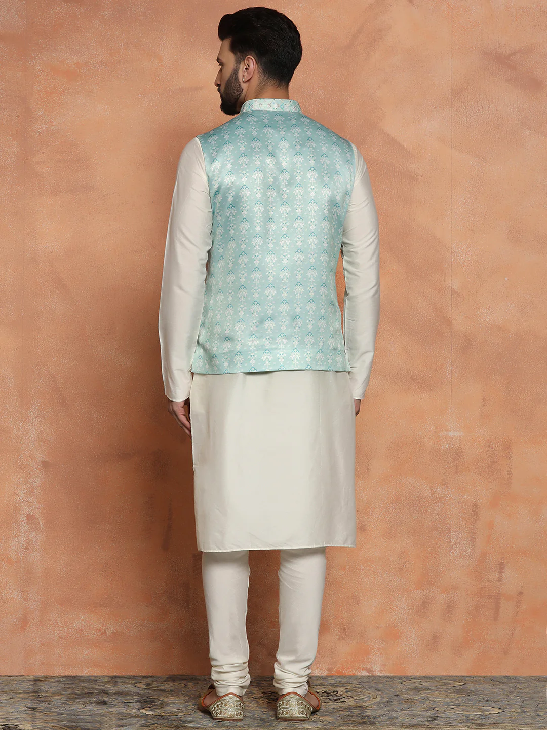 Mint Green Woven Nehru Jacket Kurta Churidar - Image 3