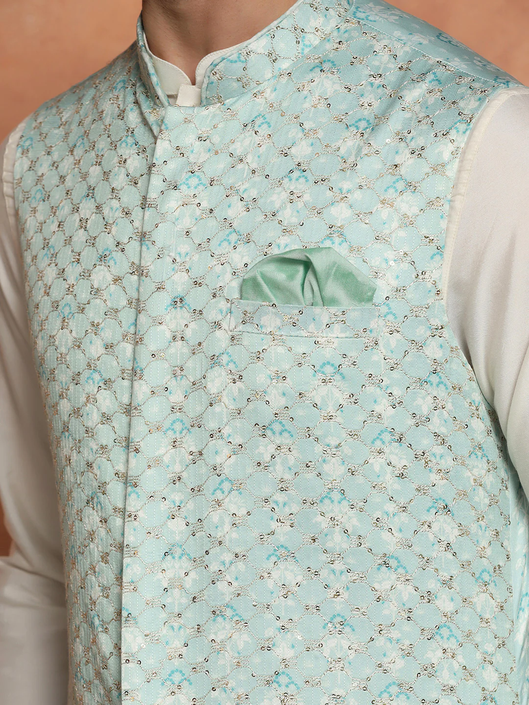 Mint Green Woven Nehru Jacket Kurta Churidar - Image 4