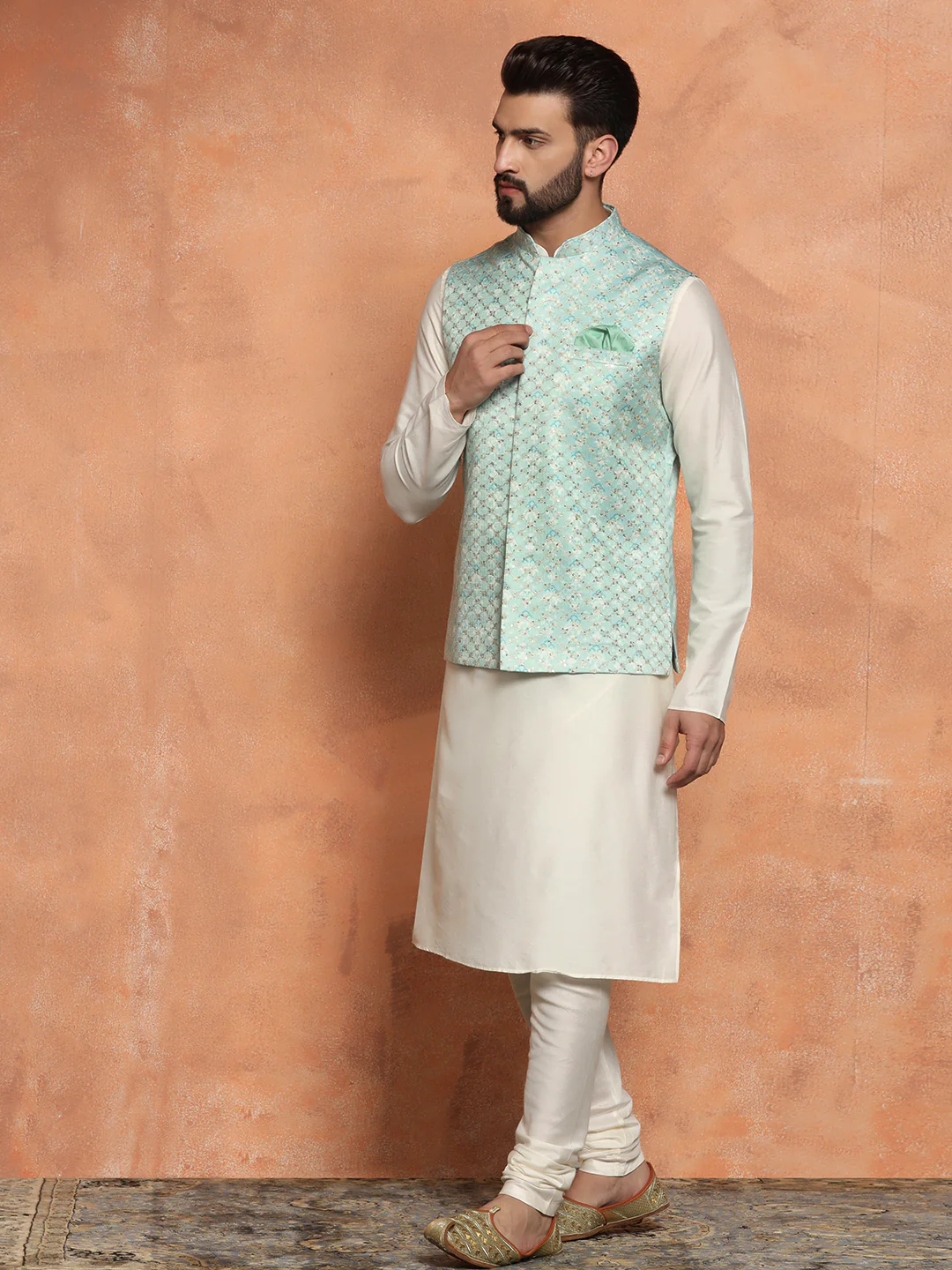 Mint Green Woven Nehru Jacket Kurta Churidar - Image 7