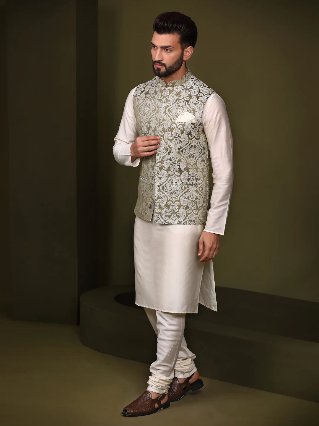 Olive Green Silk Woven Nehru Jacket Kurta Churidar - Image 3