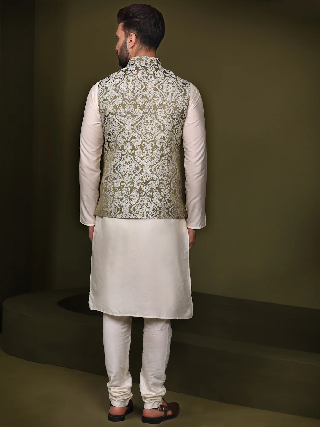 Olive Green Silk Woven Nehru Jacket Kurta Churidar - Image 5