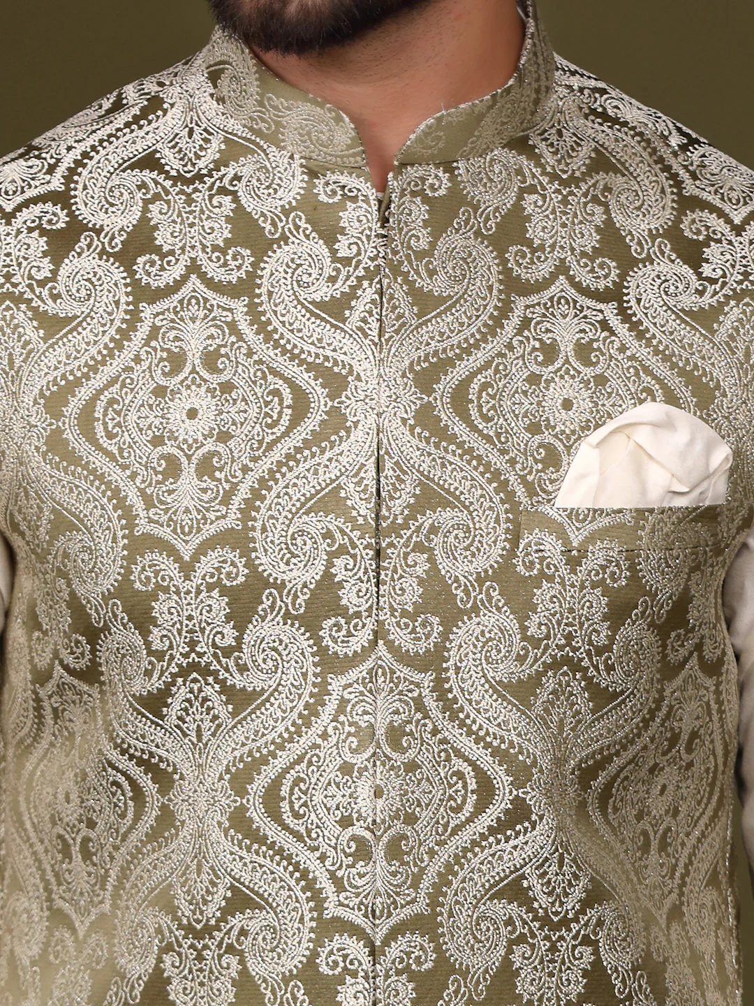 Olive Green Silk Woven Nehru Jacket Kurta Churidar - Image 6